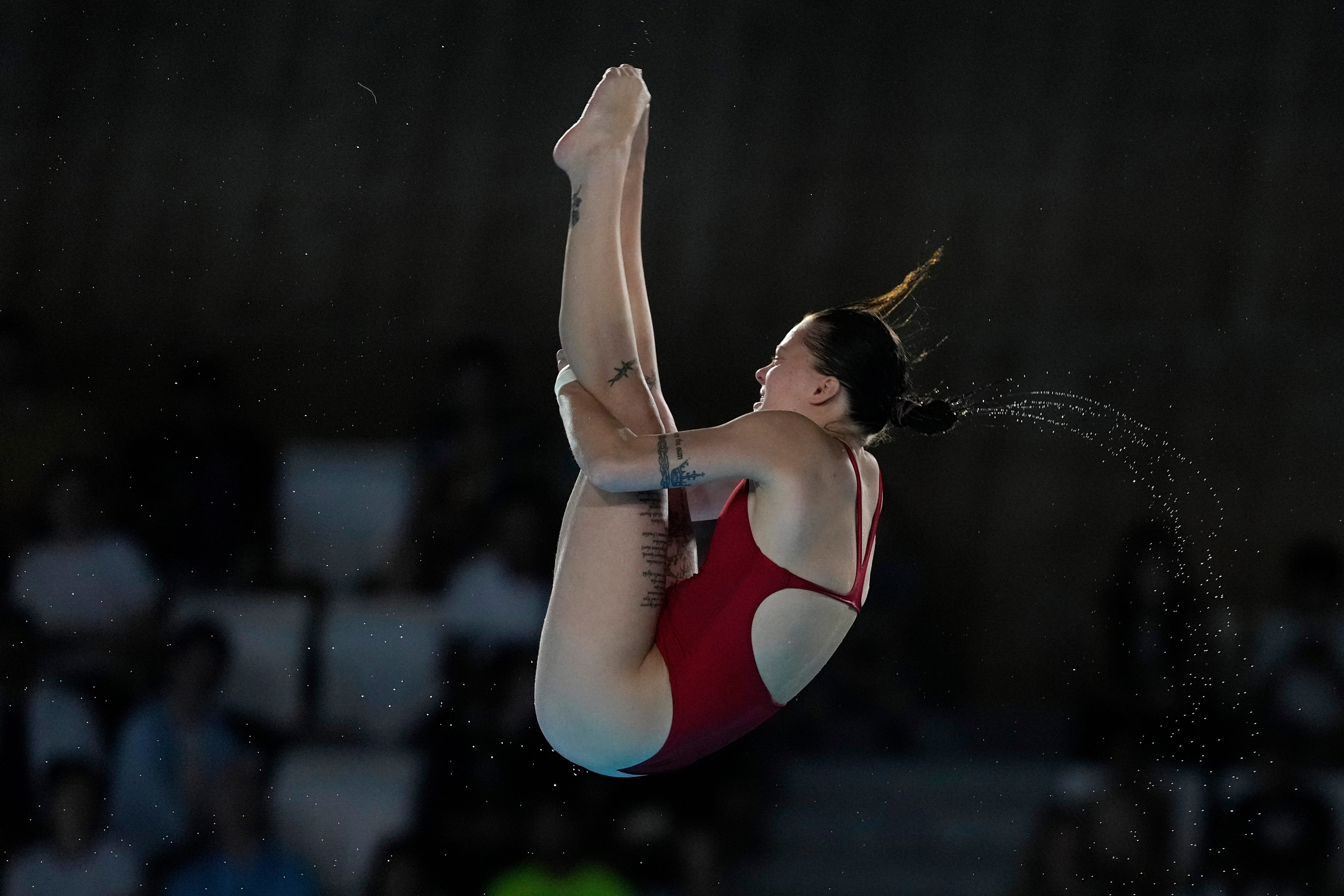 Ukraine's Sofiia Lyskun competes in the women's 10m platform diving preliminary at the 2024 Summer Olympics, on Aug. 5, 2024, in Saint-Denis, France