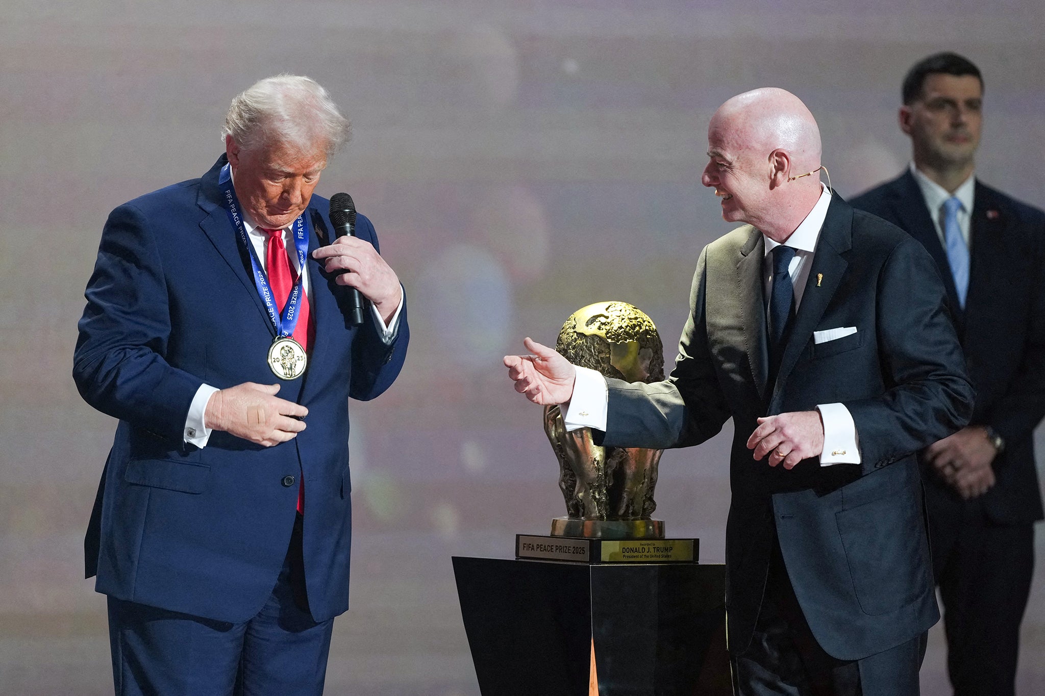 ‘This is pathetic,’ wrote one user, responding to a picture of the president being handed the prize by FIFA President Gianni Infantino at Friday’s ceremony at the Kennedy Center in Washington DC