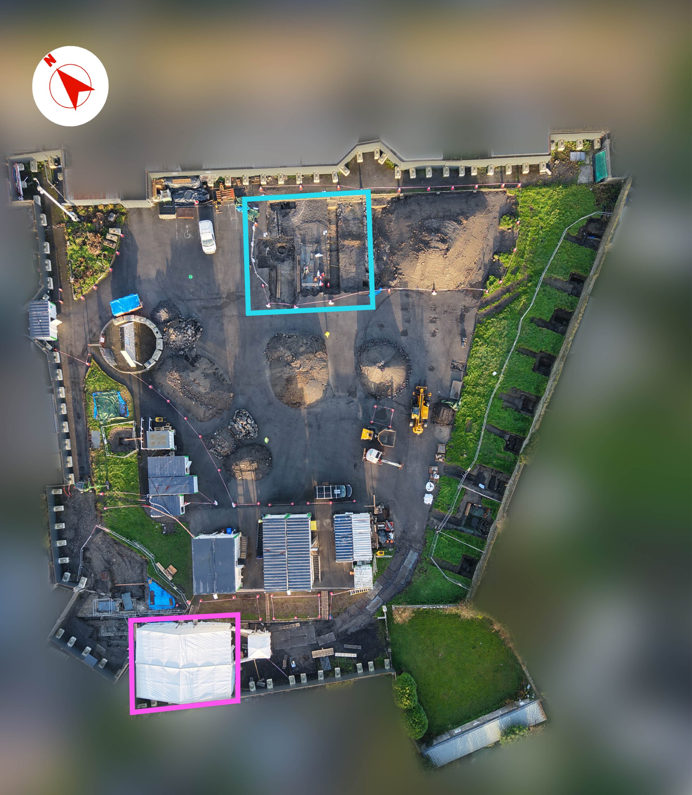 The area in pink shows the tent where excavation work led to evidence of a burial ground