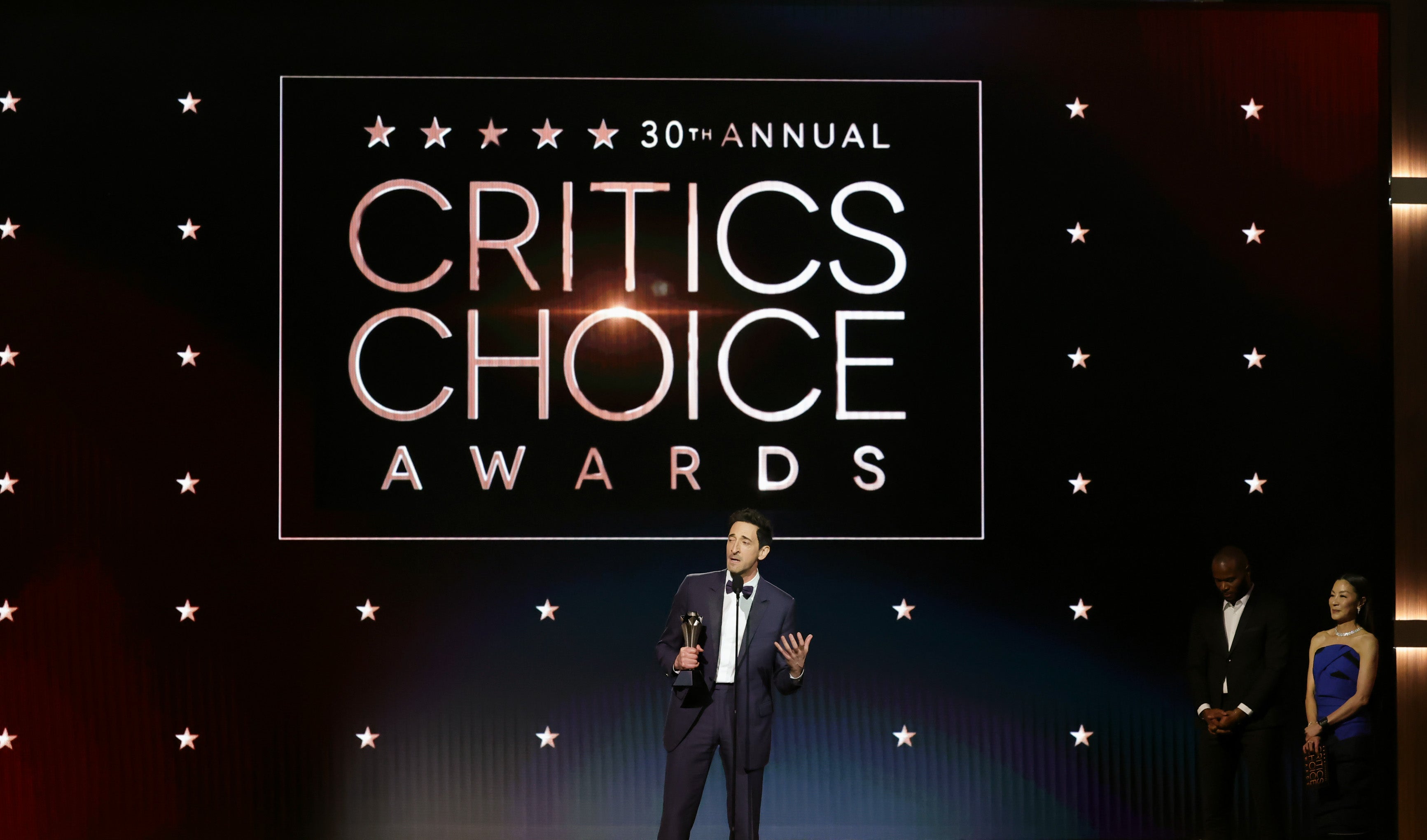 Adrien Brody accepts the Best Actor award for ‘The Brutalist’ onstage during the 30th Annual Critics Choice Awards at Barker Hangar on February 07, 2025 in Santa Monica, California