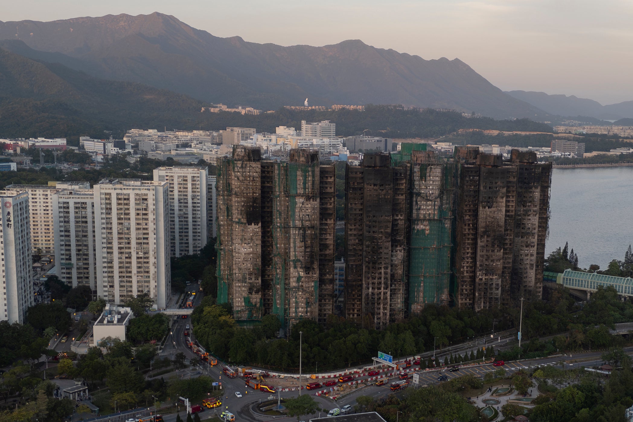 An aerial view of the burnt buildings after a deadly fire at Wang Fuk Court, a residential estate in the Tai Po district of Hong Kong's New Territories
