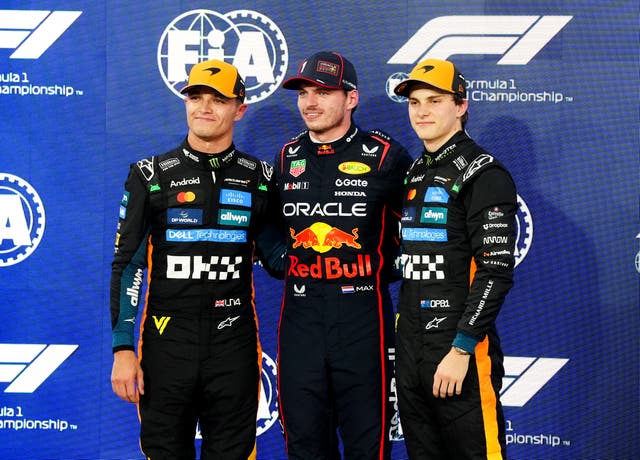 <p>McLaren drivers Lando Norris and Oscar Piastri with pole sitter Max Verstappen (David Davies/PA)</p>