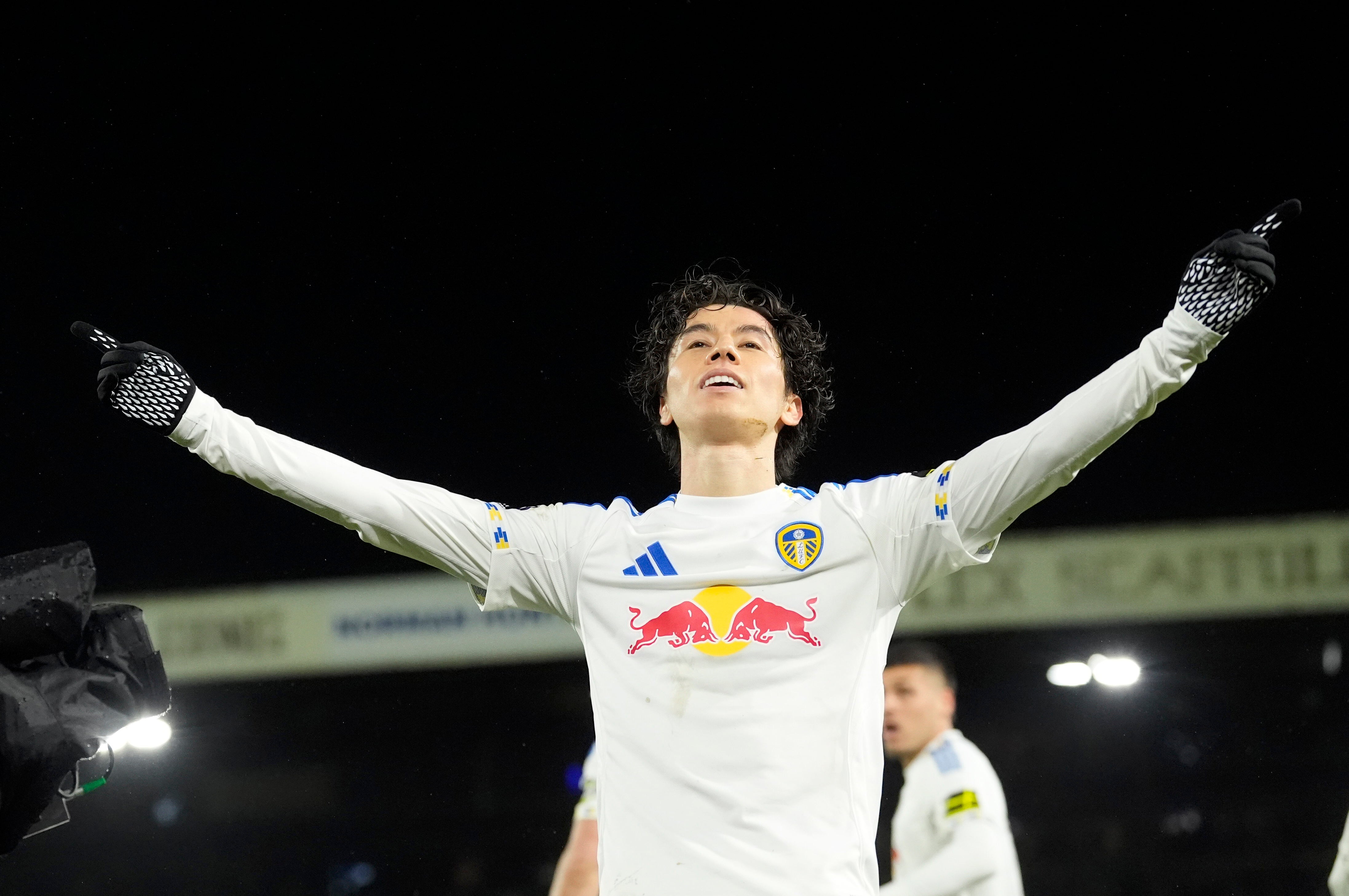 Leeds United's Ao Tanaka celebrates scoring their side's third goal