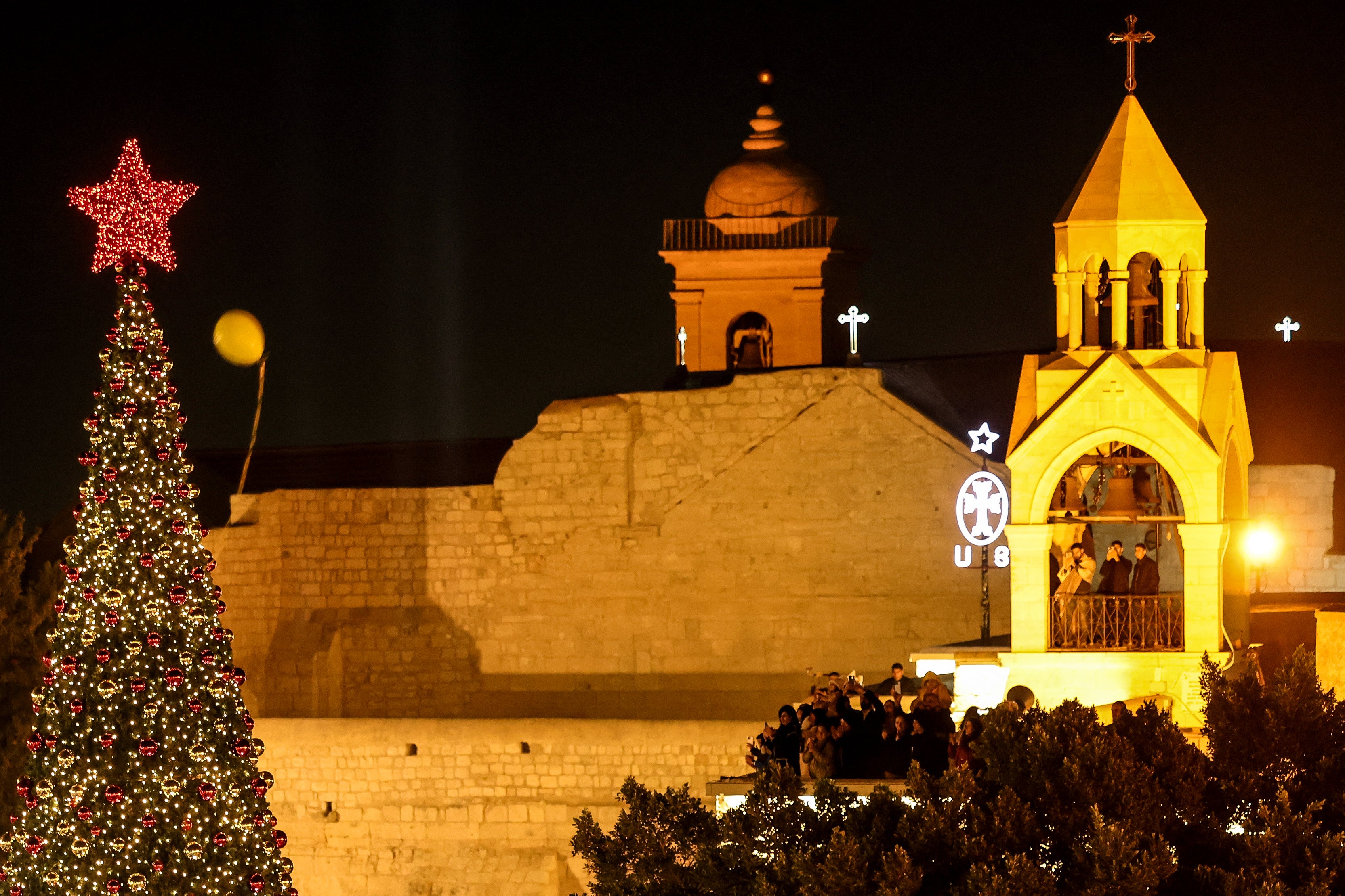 The 20-metre tree at the edge of Manger Square was last lit in 2022
