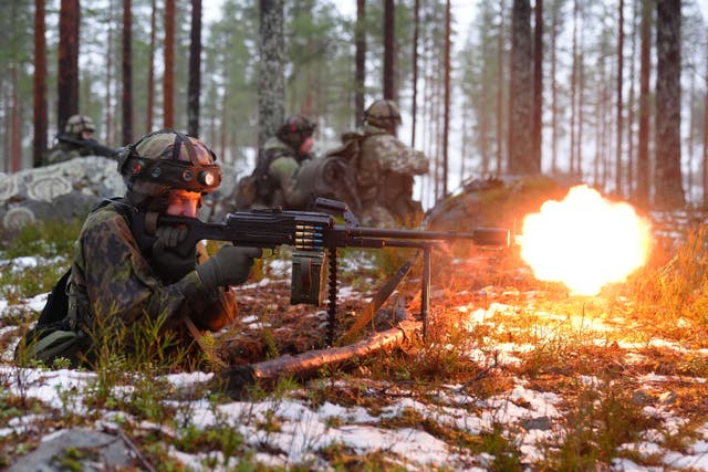 Soldiers at Vuosanka near Kajaani as British troops train during a major exercise on Nato’s border with Russia (Owen Humphreys/PA)