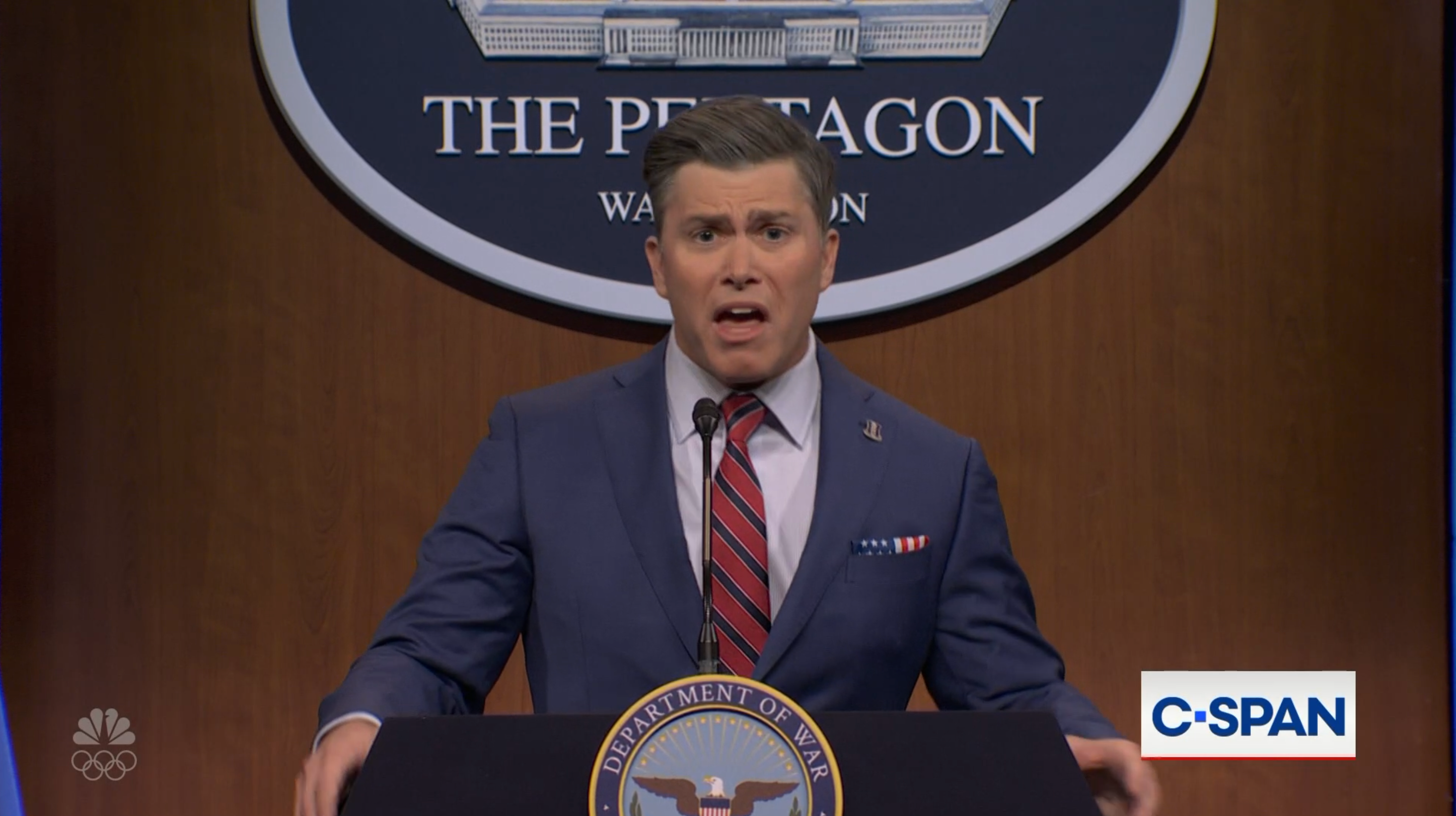 "You got questions for me? Fine. pretend im a random fishing boat and fire away," cast member Colin Jost, playing Pete Hegseth, said.