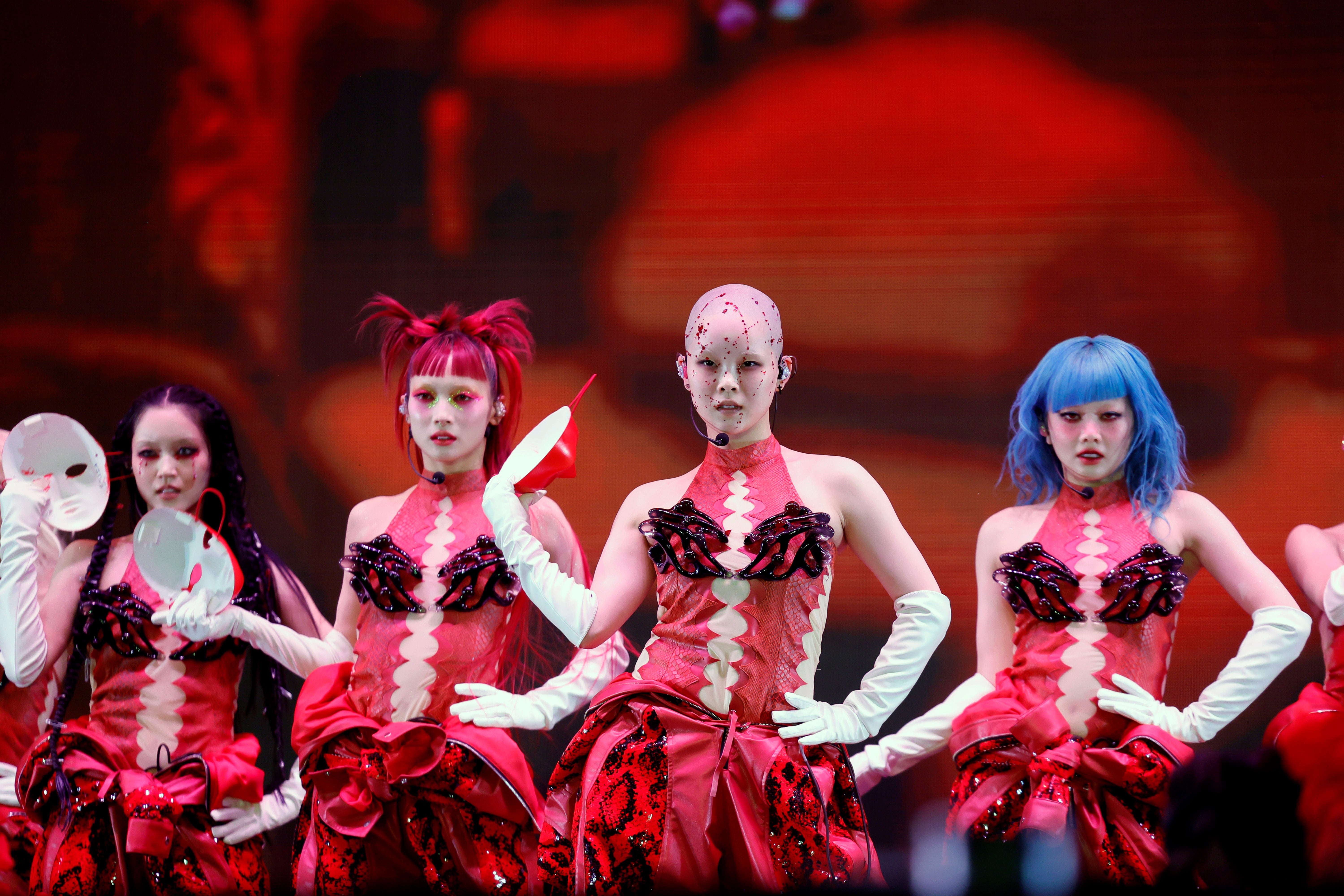 (L-R) CHISA, JURIN, COCONA and HINATA of XG perform at the 2025 Coachella Valley Music and Arts Festival