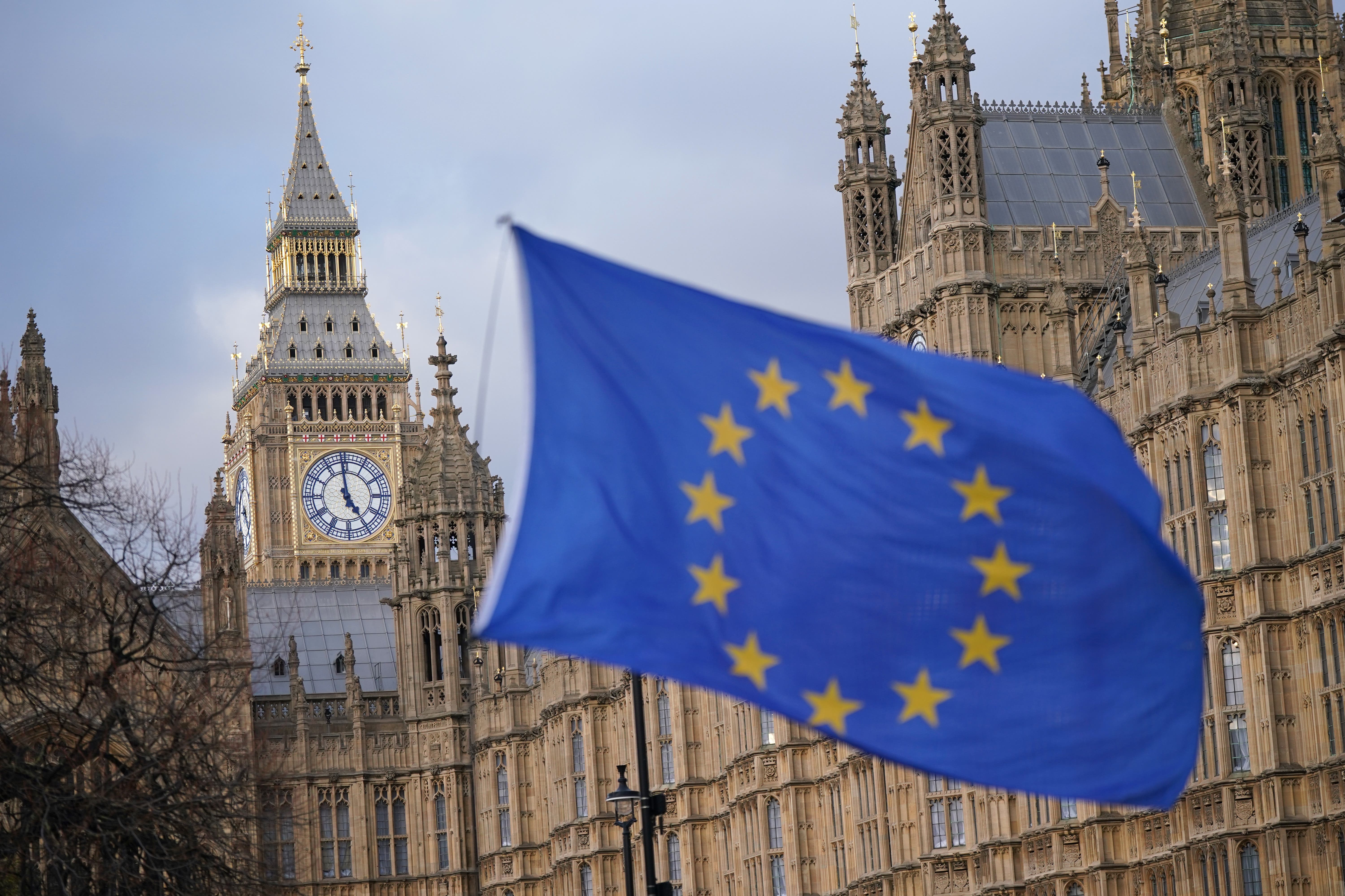 A European Union flag flies in front of the Houses of Parliament in Westminster, London (Yui Mok/PA)