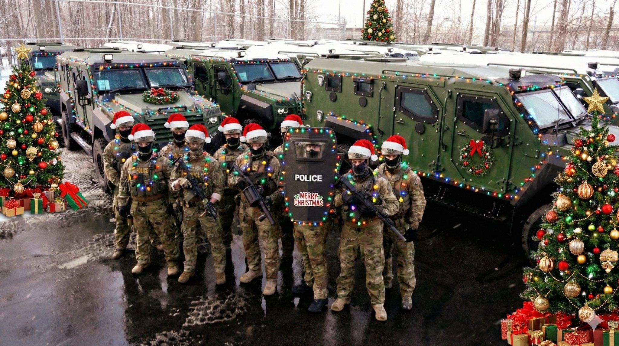 DHS's holiday-themed social media post uses decorations to adorn ICE agents wielding firearms