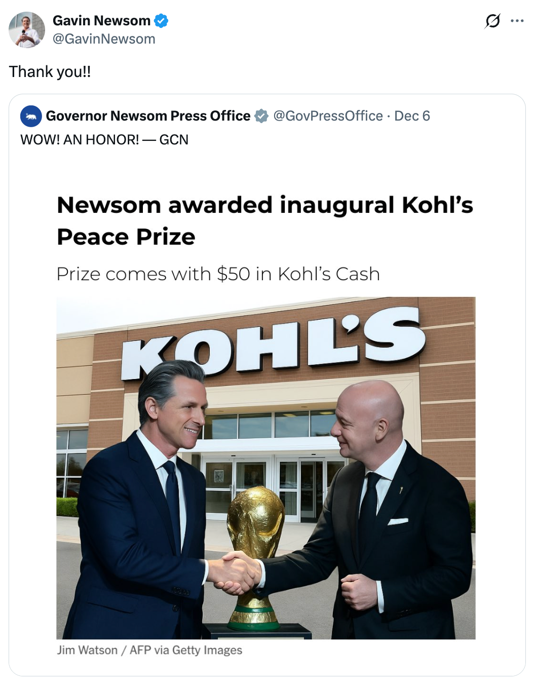 California Gov. Gavin Newsom sends up President Donald Trump being given the inaugural Fifa Peace Prize in a parody posted on X
