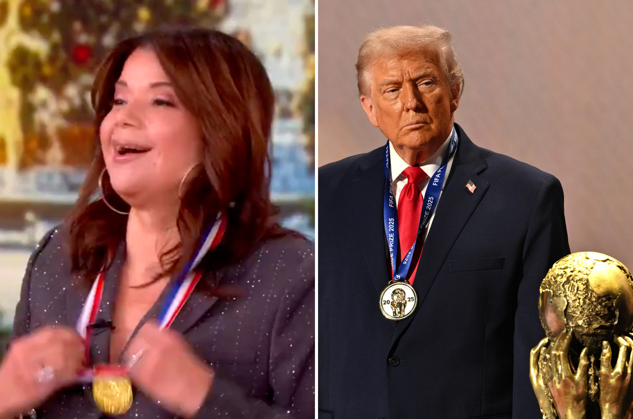Ana Navarro of 'The View' wears a fake medal to mock Trump's Fifa Peace Prize