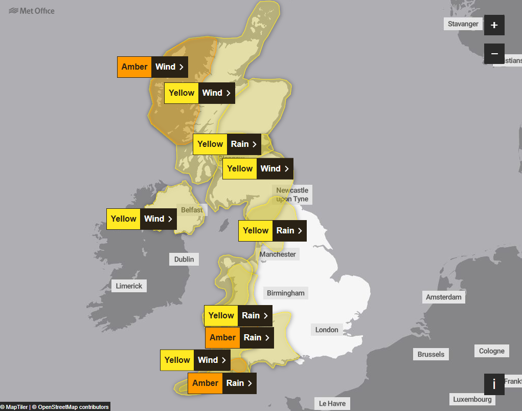 Large swathes of the UK are covered by both amber and yellow weather warnings on Tuesday