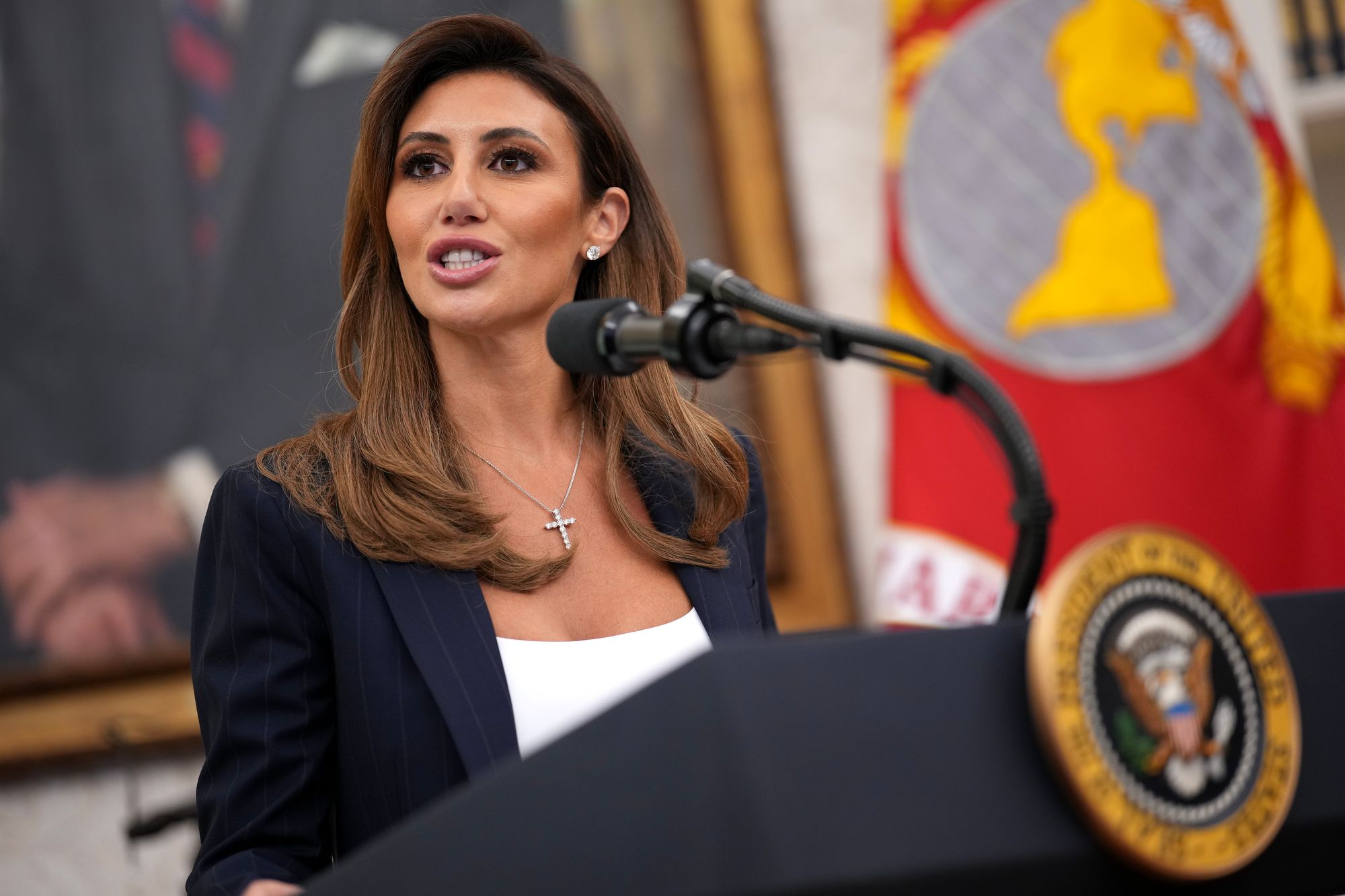 White House Presidential Counselor Alina Habba delivers remarks before being sworn in as the interim U.S. Attorney for New Jersey in the Oval Office at the White House on March 28, 2025 in Washington, DC
