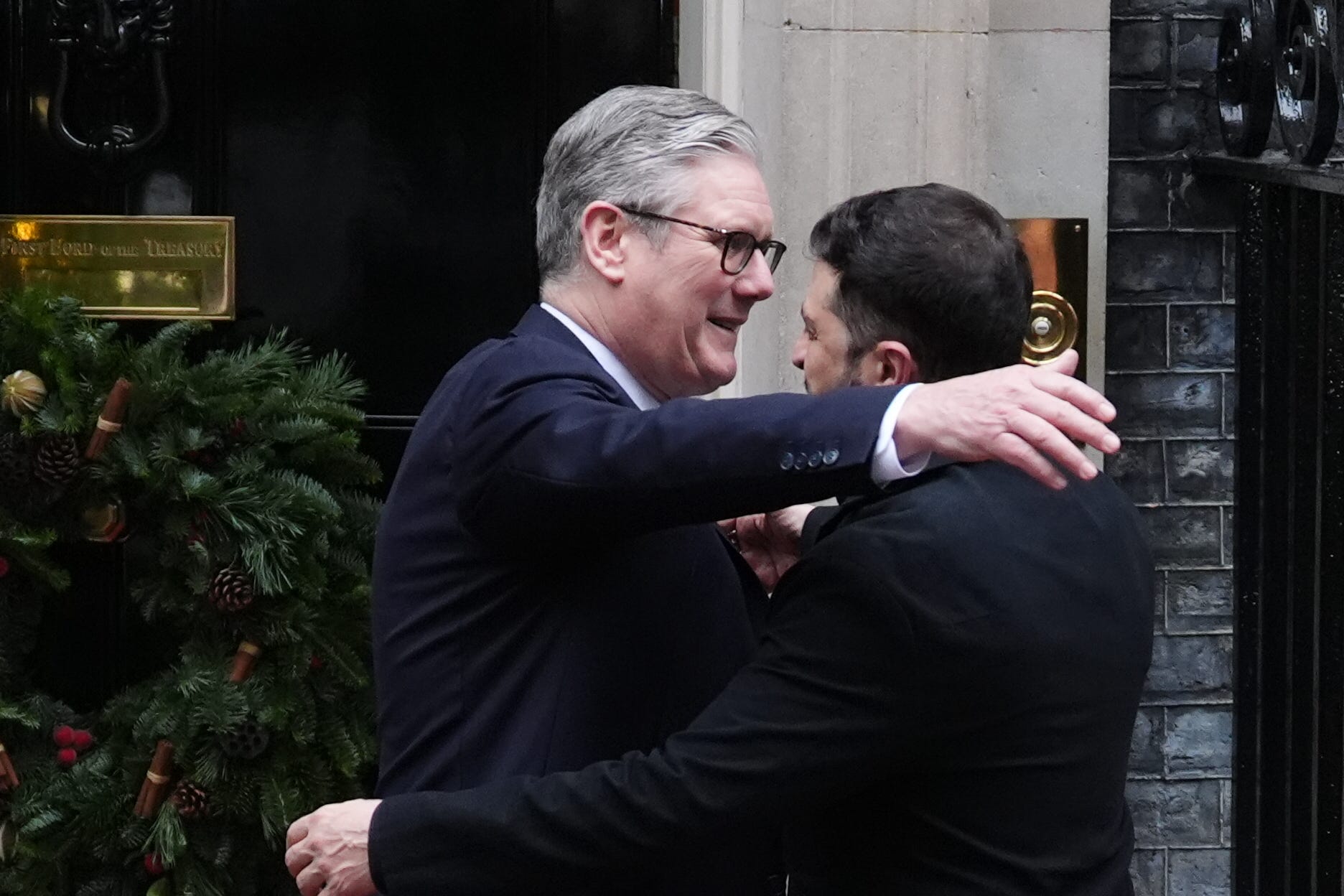 Prime minister Keir Starmer embraces Ukrainian president Volodymyr Zelensky outside No 10 on Monday