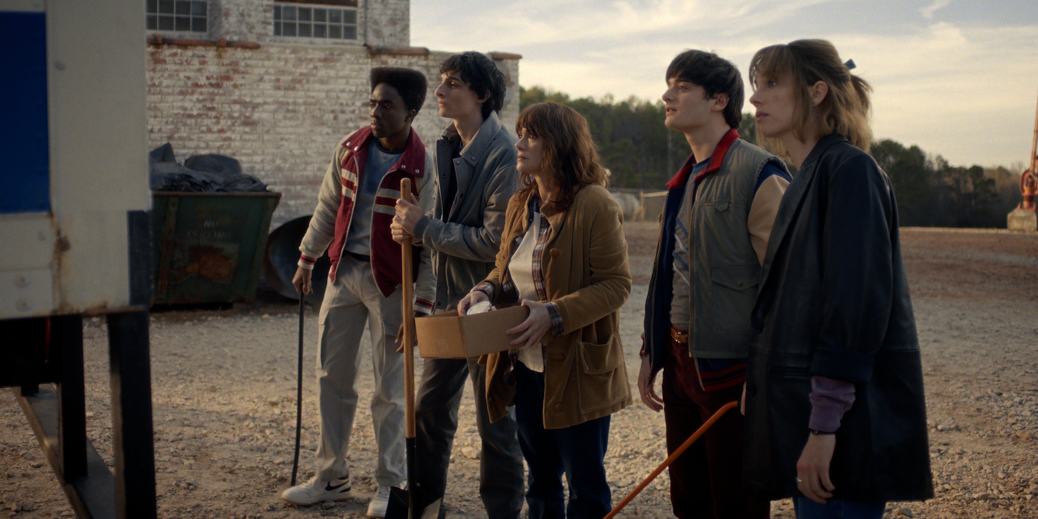 (L-R) Caleb McLaughlin, Finn Wolfhard, Winona Ryder, Noah Schnapp and Maya Hawke in 'Stranger Things' season five, volume one