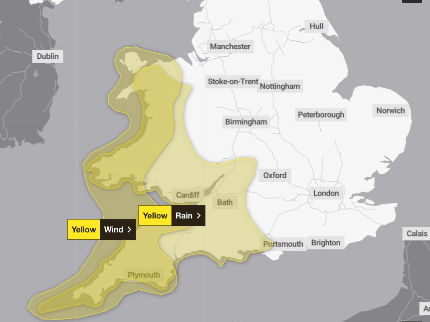 Yellow weather warnings for wind and rain issued across Wales and southwest England from Monday evening