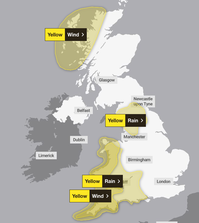 Yellow weather warnings issued in Scotland, north of England, Wales and southwest England on Tuesday