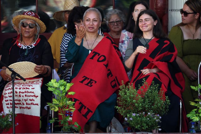 <p>File. Green party leaders Marama Davidson (C) and Chloe Swarbrick (R) during the parliamentary powhiri on 5 February 2025 in Waitangi, New Zealand</p>