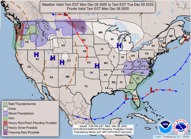 The weather forecast for Monday shows snow and heavy rain