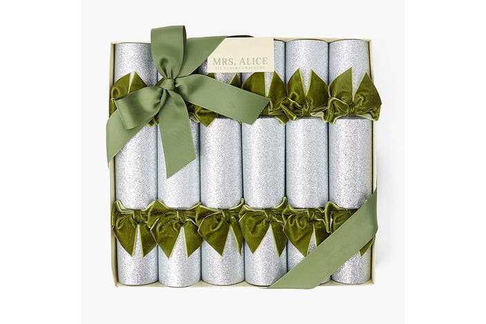 Mrs Alice silver glitter crackers with green velvet bow
