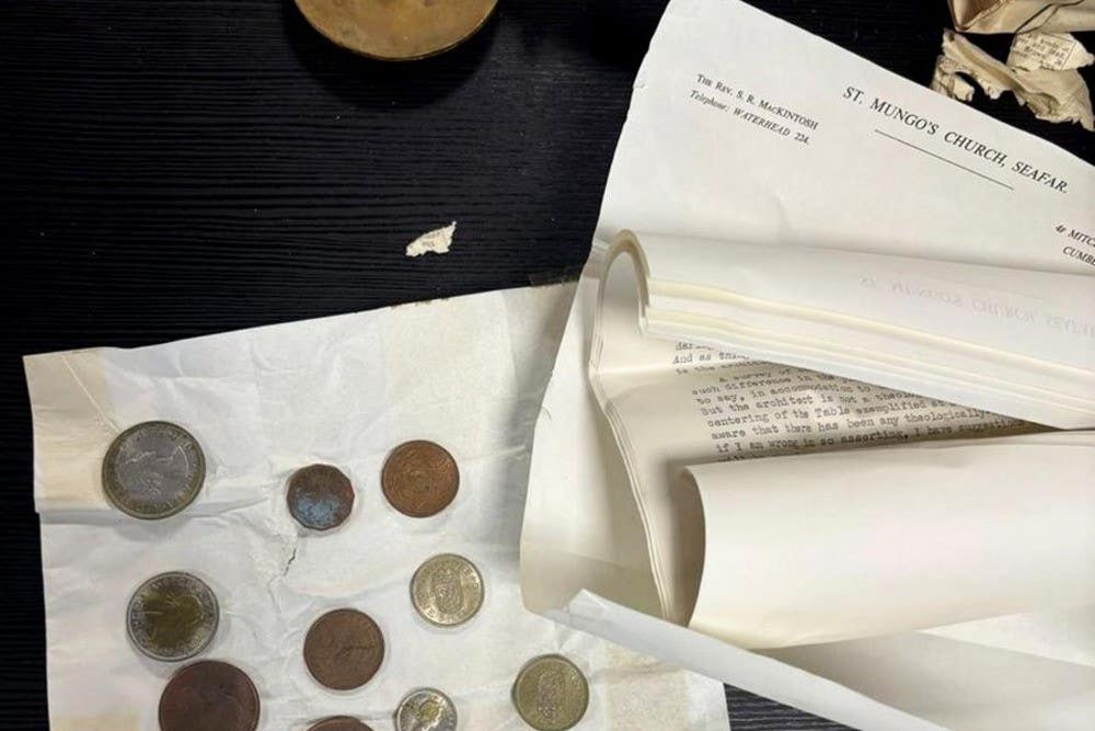 Some coins and old parchment were found in the time capsule uncovered in the foundations of St Mungo’s Church, Cumbernauld
