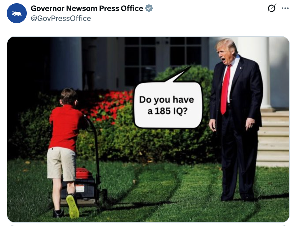 The California governor's press office posted the image after Trump’s remarks about lawnmowers
