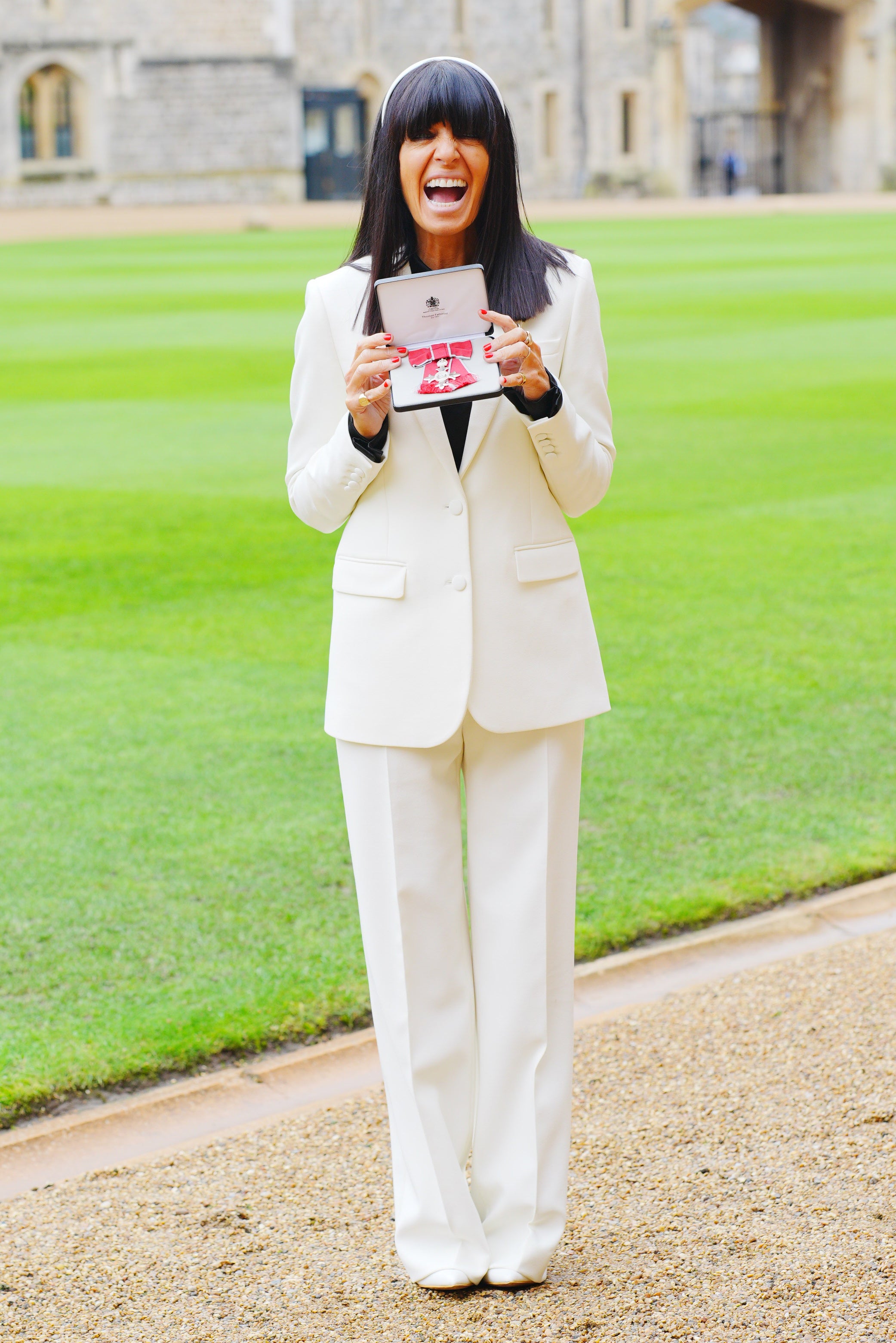 Claudia Winkleman after being made a Member of the Order of the British Empire by the King during an Investiture ceremony at Windsor Castle, Berkshire