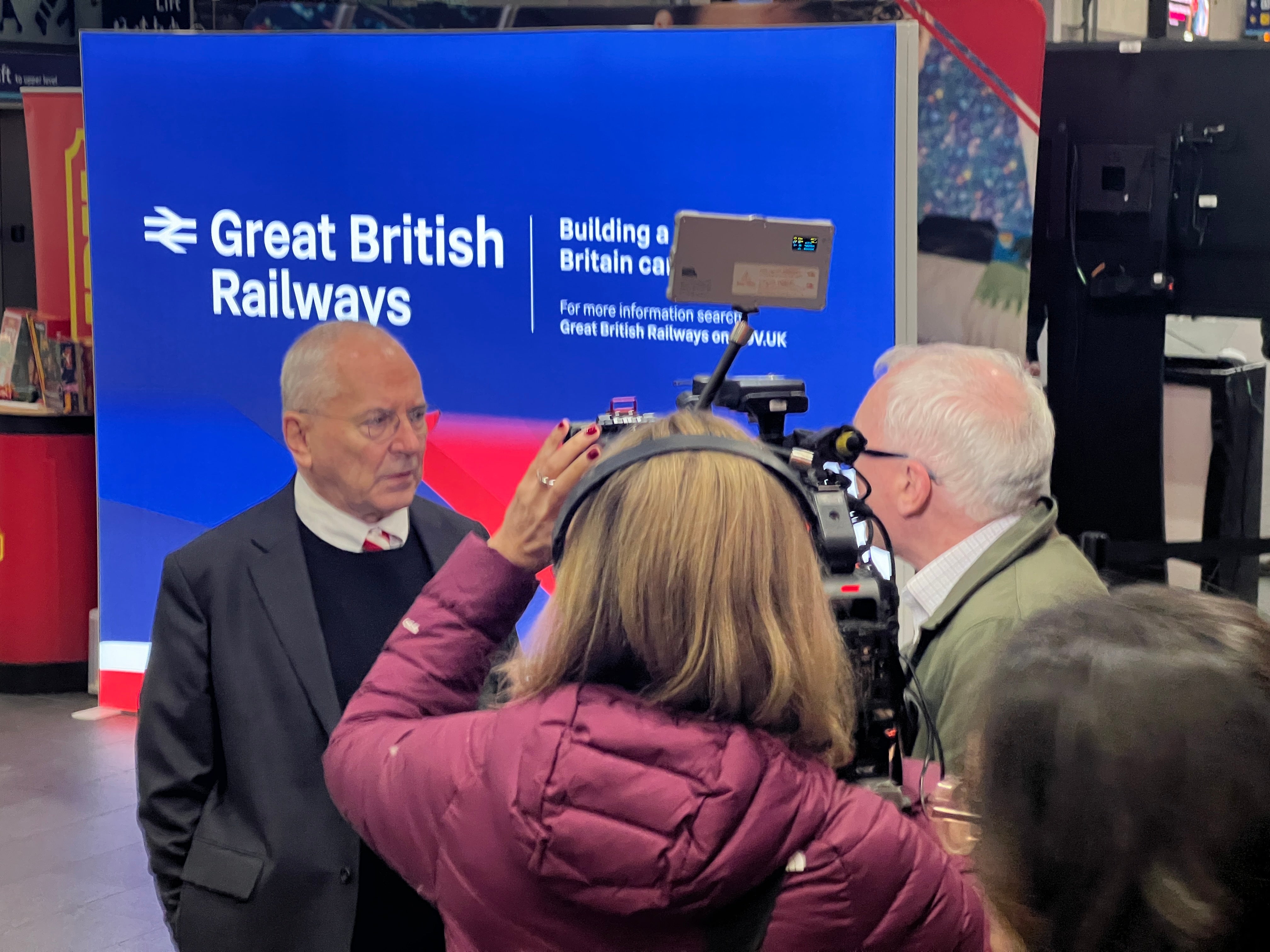 Question time: Rail minister Lord Peter Hendy being interviewed at the launch of the Great British Railways livery at London Bridge station