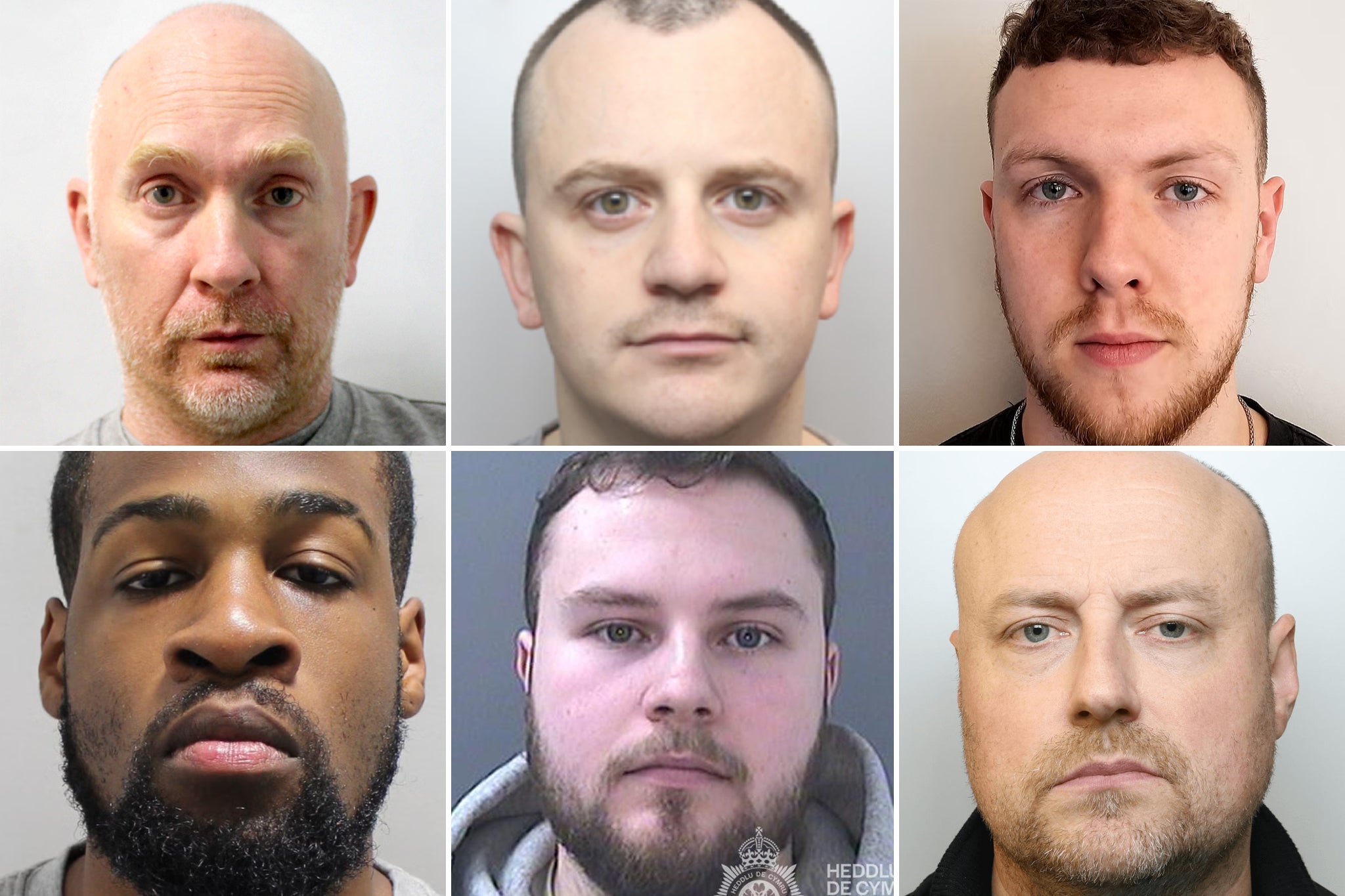 <p>(Clockwise, from top left) Wayne Couzens, Dean Dempster, Ben Bottomley, Cliff Mitchell, Lewis Edwards and Richard Mills – all police officers convicted of at least one sexual offence since the start of 2022</p>