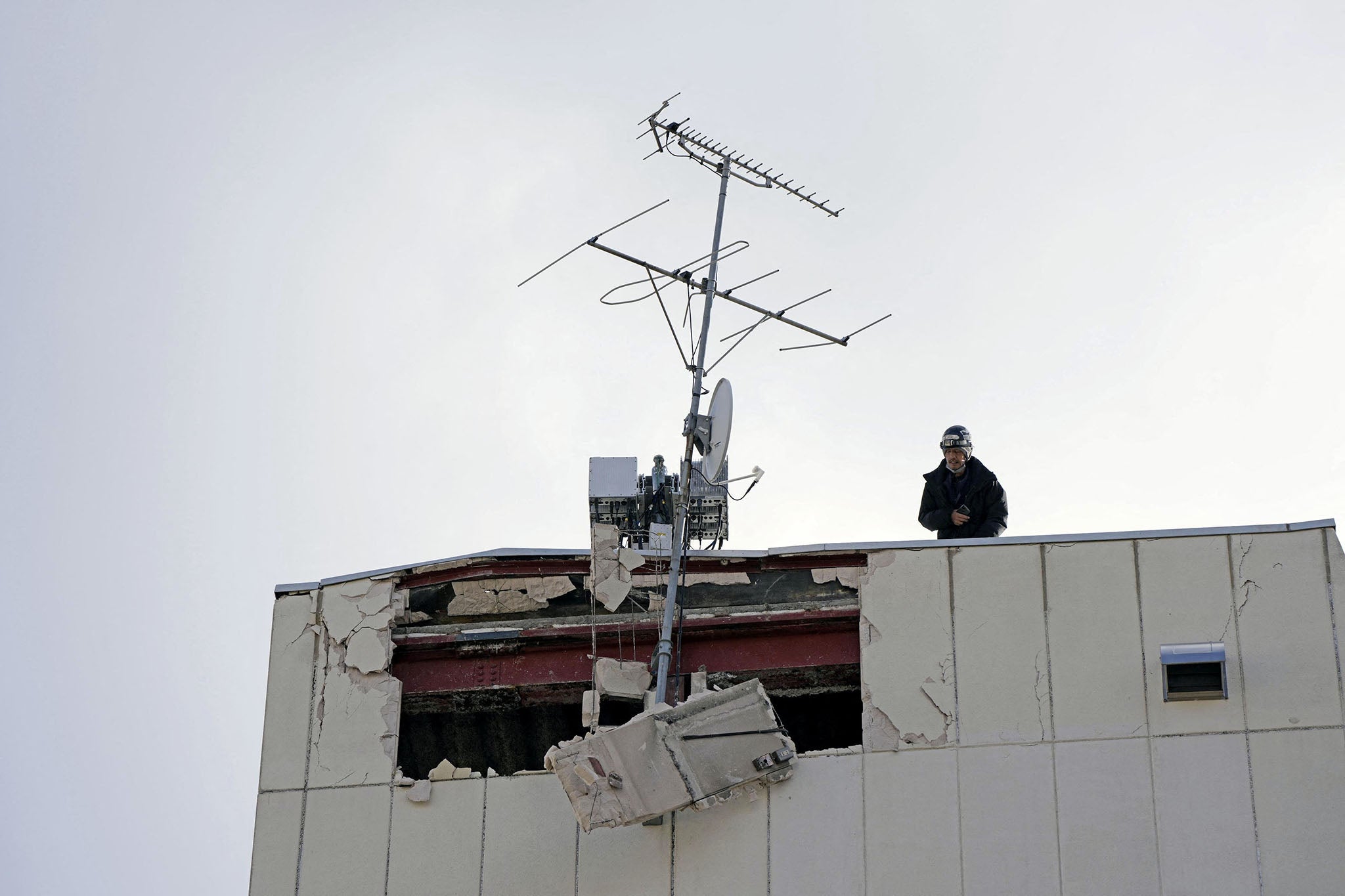 The damaged wall of a building in Hachinohe in Aomori Prefecture, northeastern Japan, on 9 December 2025, following a strong earthquake the previous night in this photo taken by Kyodo