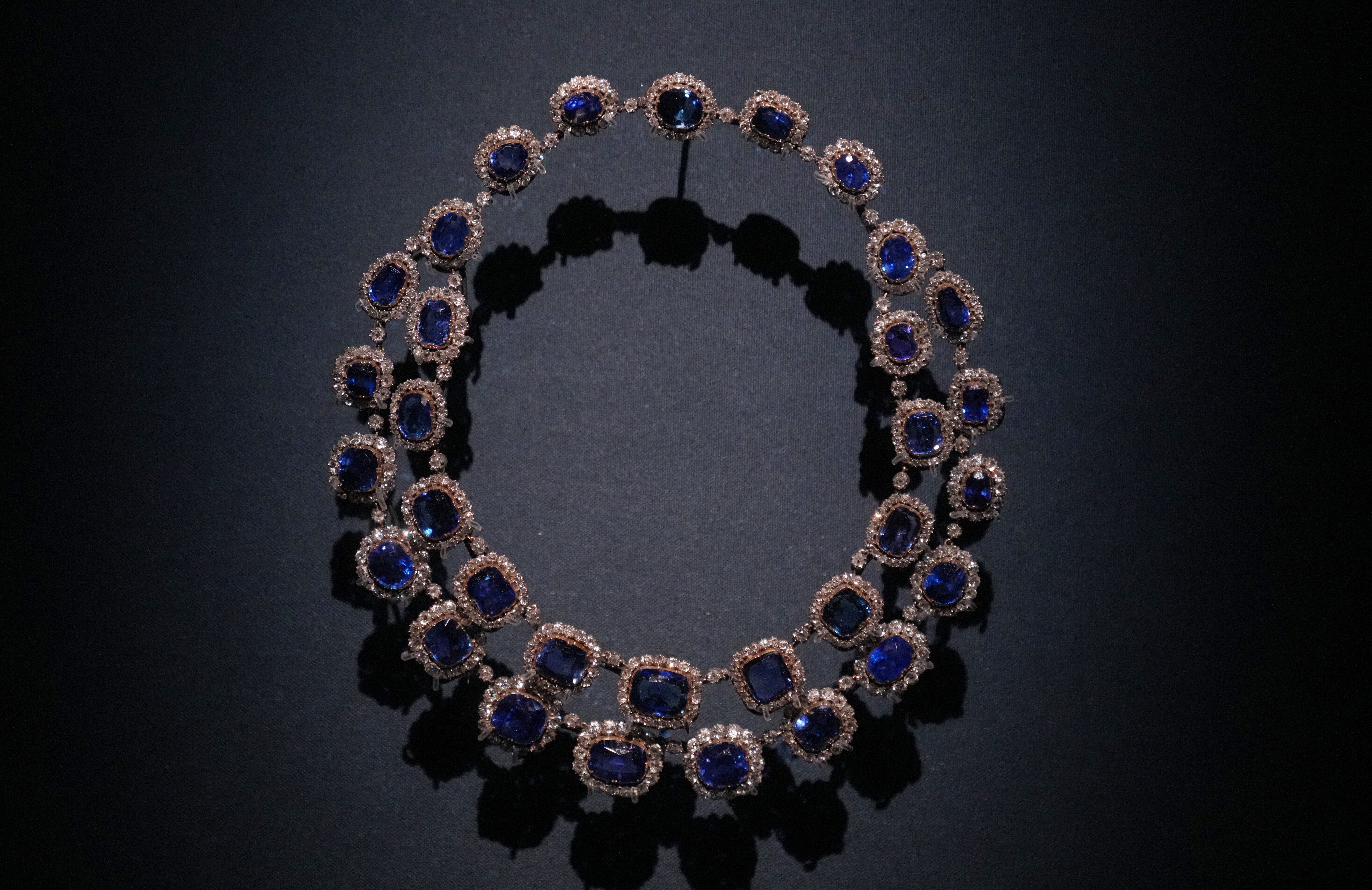 A Necklace crafted in England, 1850, sapphires, diamonds, gold and silver is displayed at the exhibition Dynastic Jewels