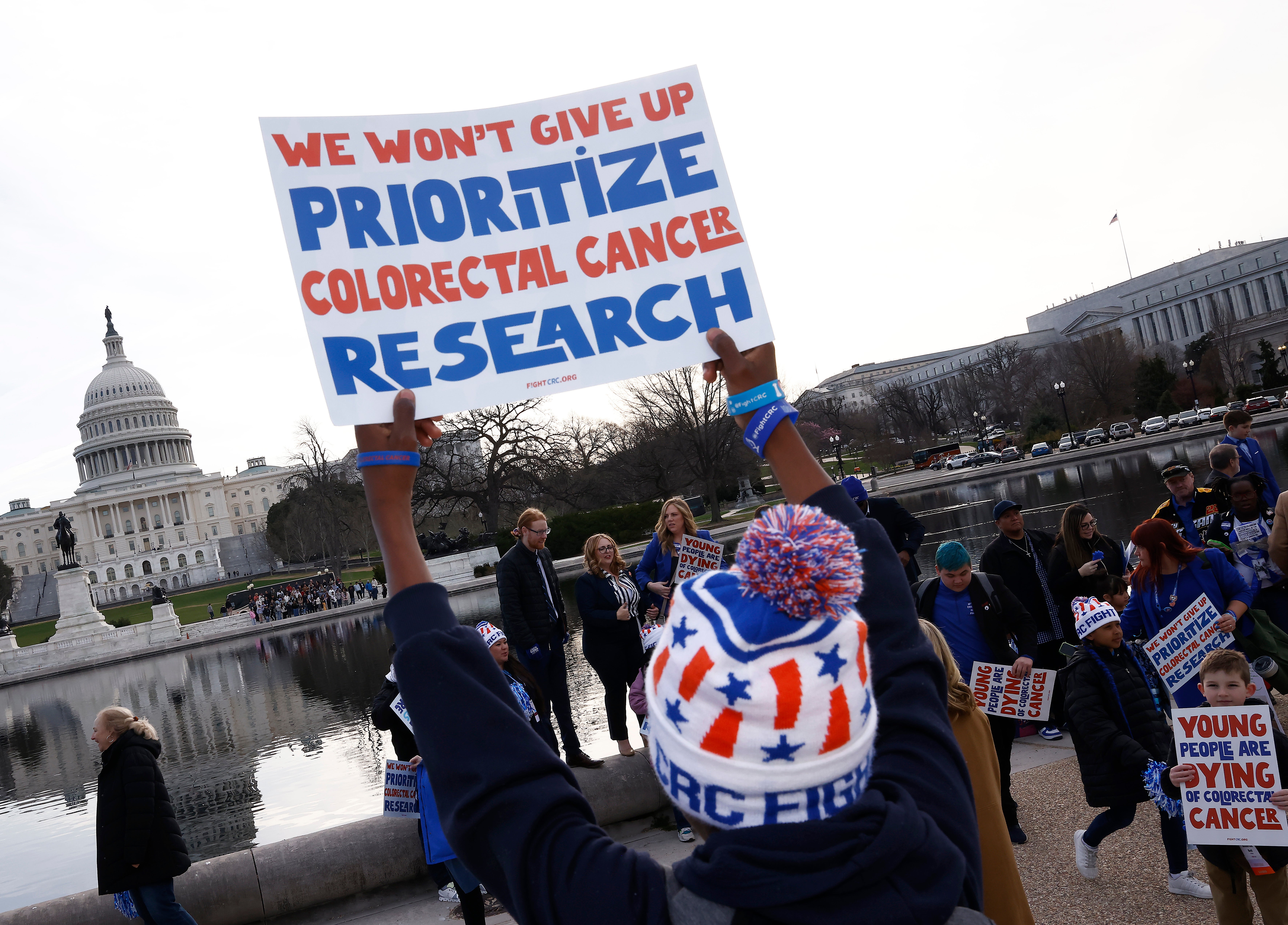 <p>The advocacy group Fight Colorectal Cancer marches to the U.S. Capitol in March 2024 in Washington, D.C. Doctors say popular weight loss drugs have little or no effect on developing colorectal or a dozen other types of cancer tied to obesity</p>