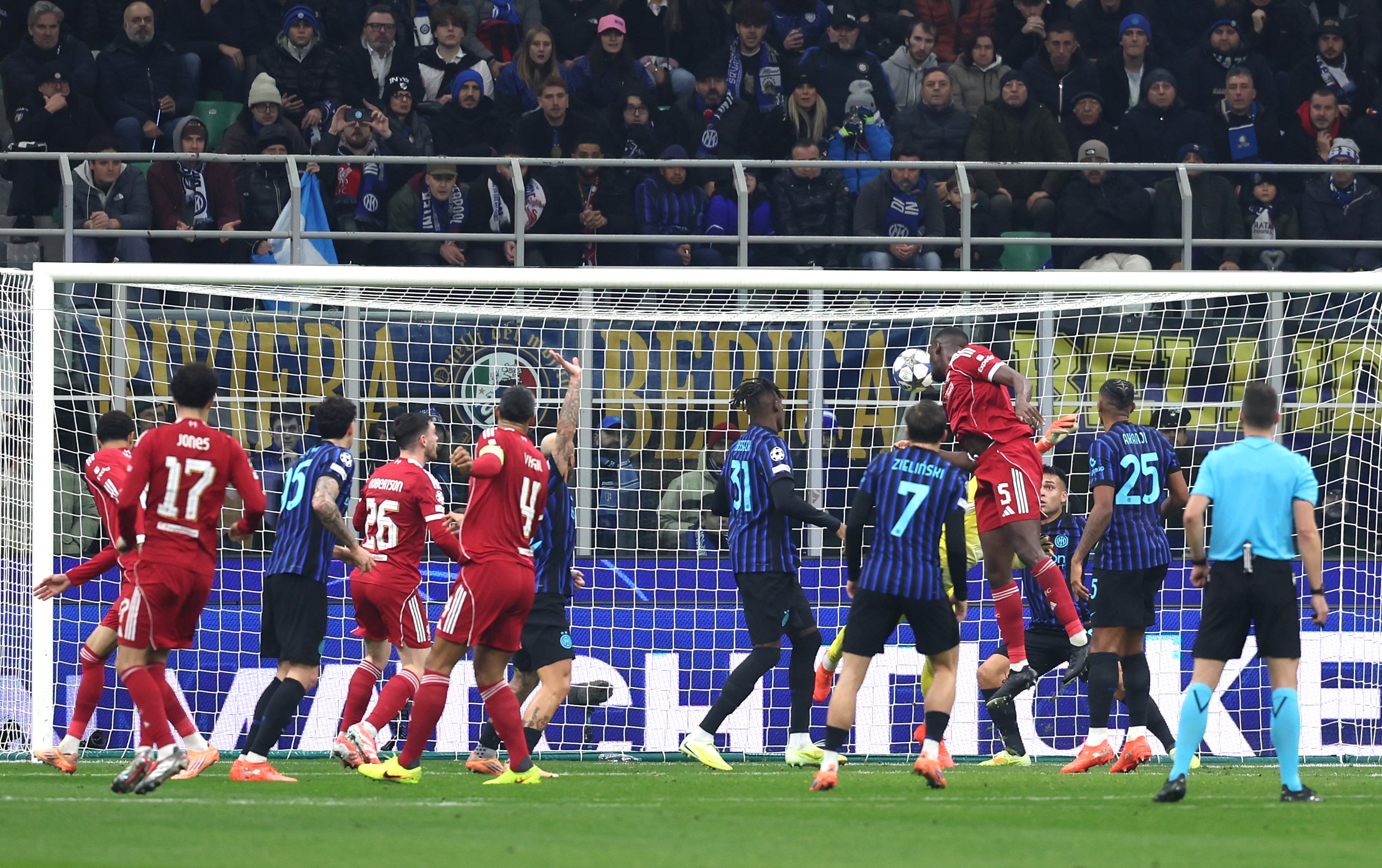 Ibrahima Konate’s headed goal was ruled out for handball in the first half