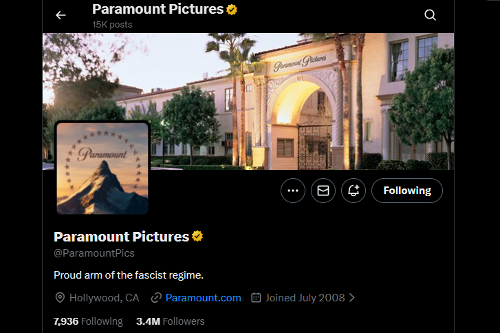 Paramount Pictures's X account bio read 'Proud arm of the fascist regime'