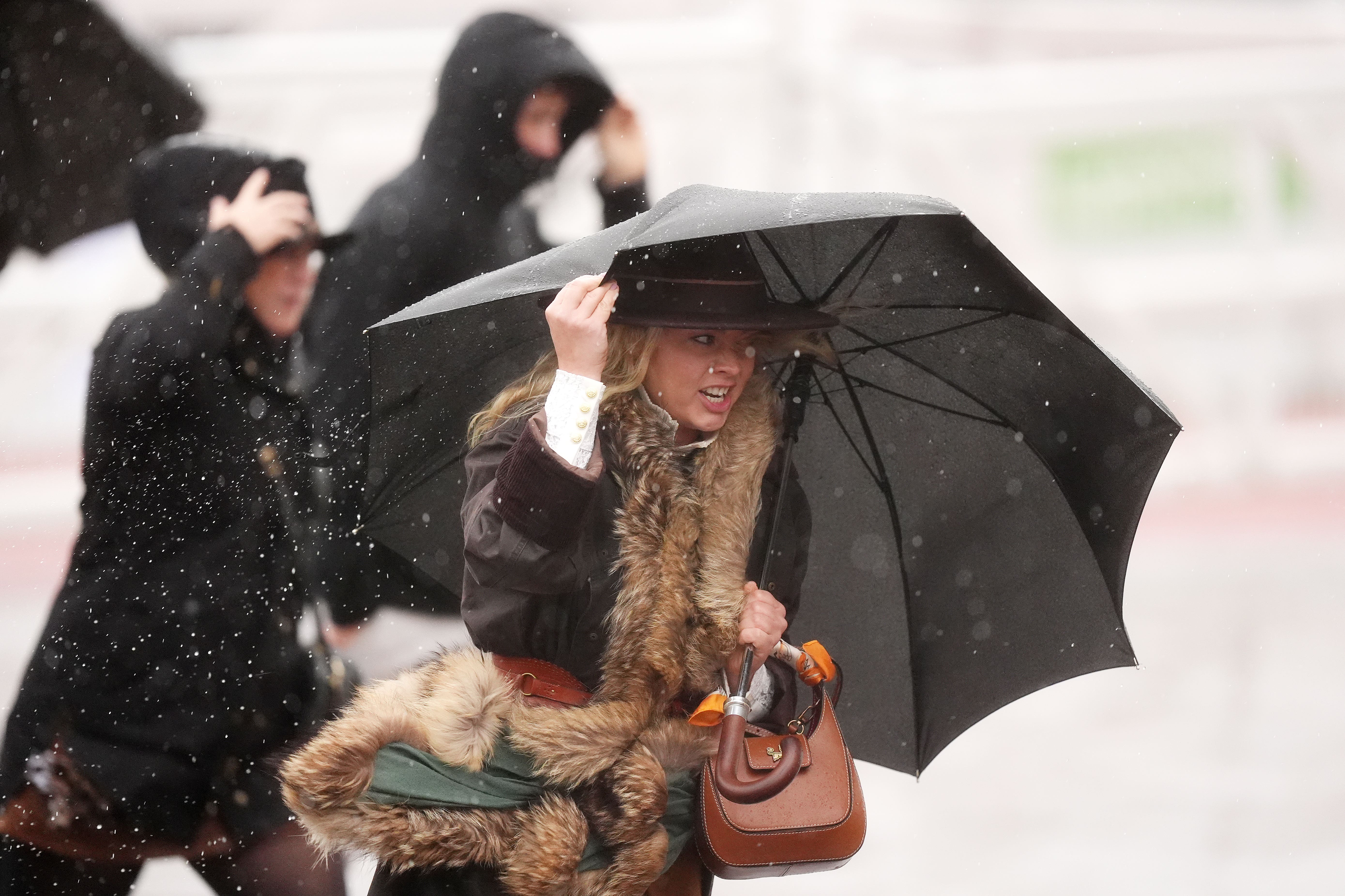 Racegoers in rainy conditions during Countryside Day at Cheltenham Racecourse (Mike Egerton/PA)