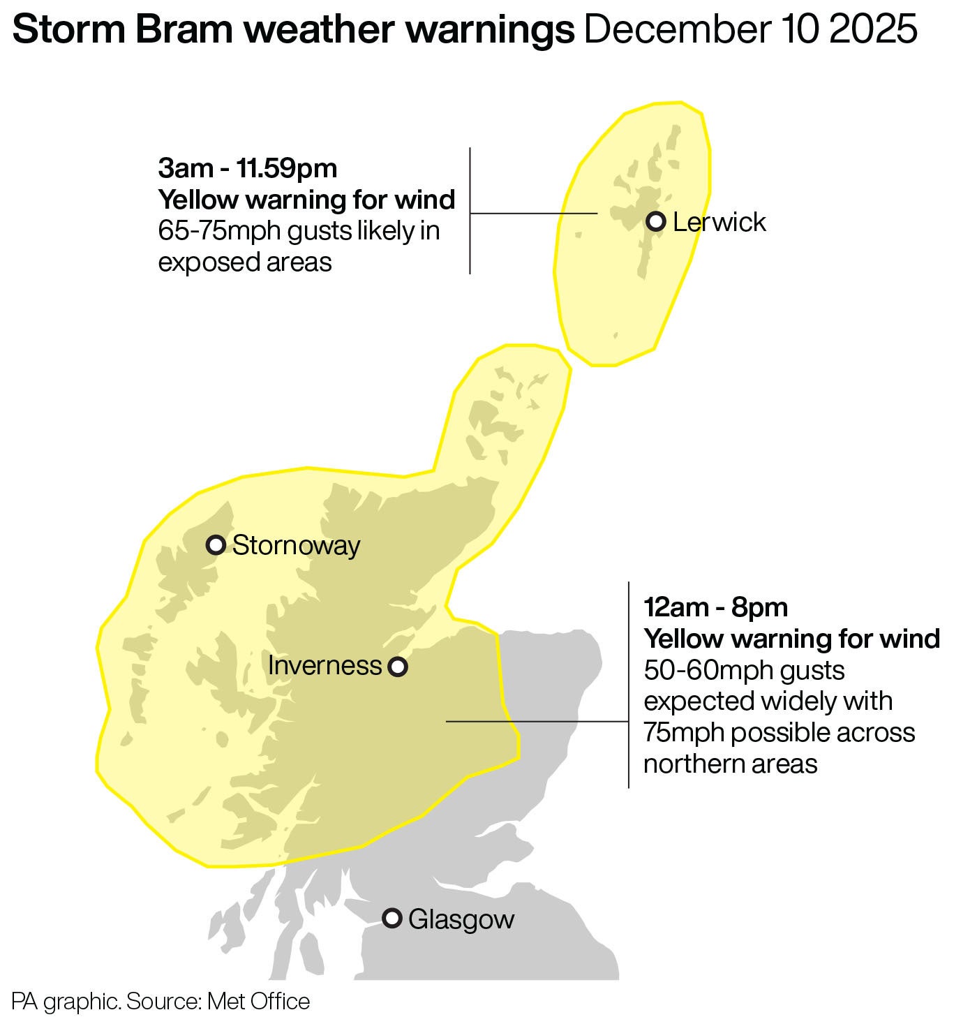 Map of Scotland showing the areas issued weather warnings