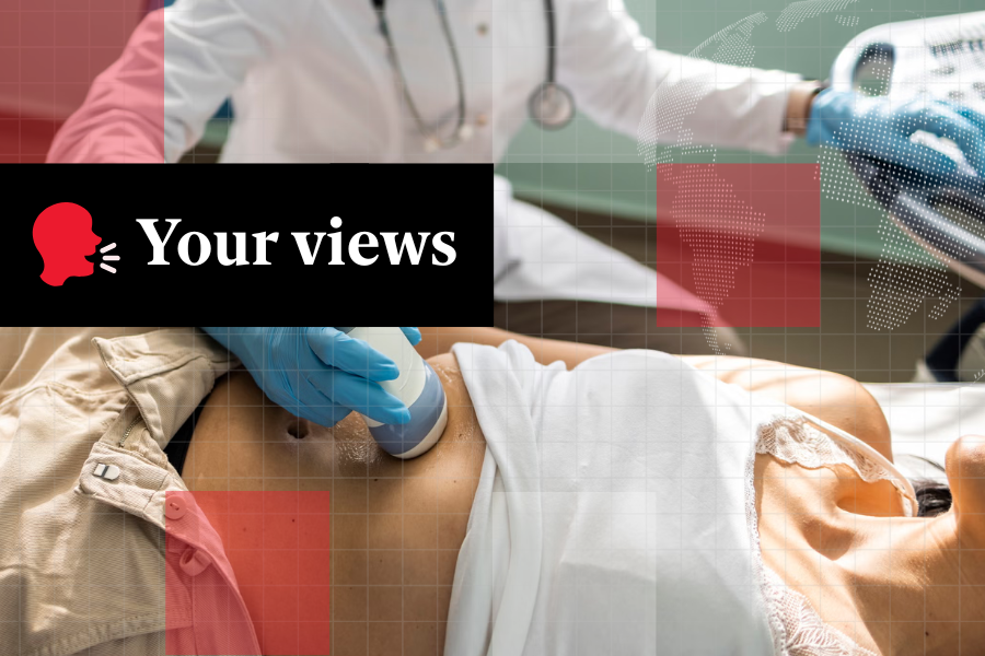 <p>Doctor examining woman with ultrasound scanner device</p>