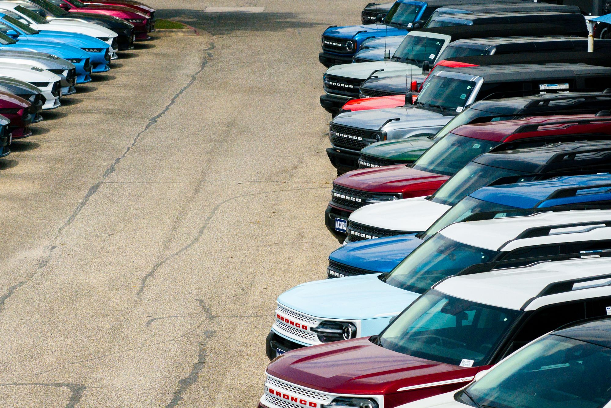 Ford Broncos are seen on a lot at a dealership on April 18, 2025 in Austin, Texas
