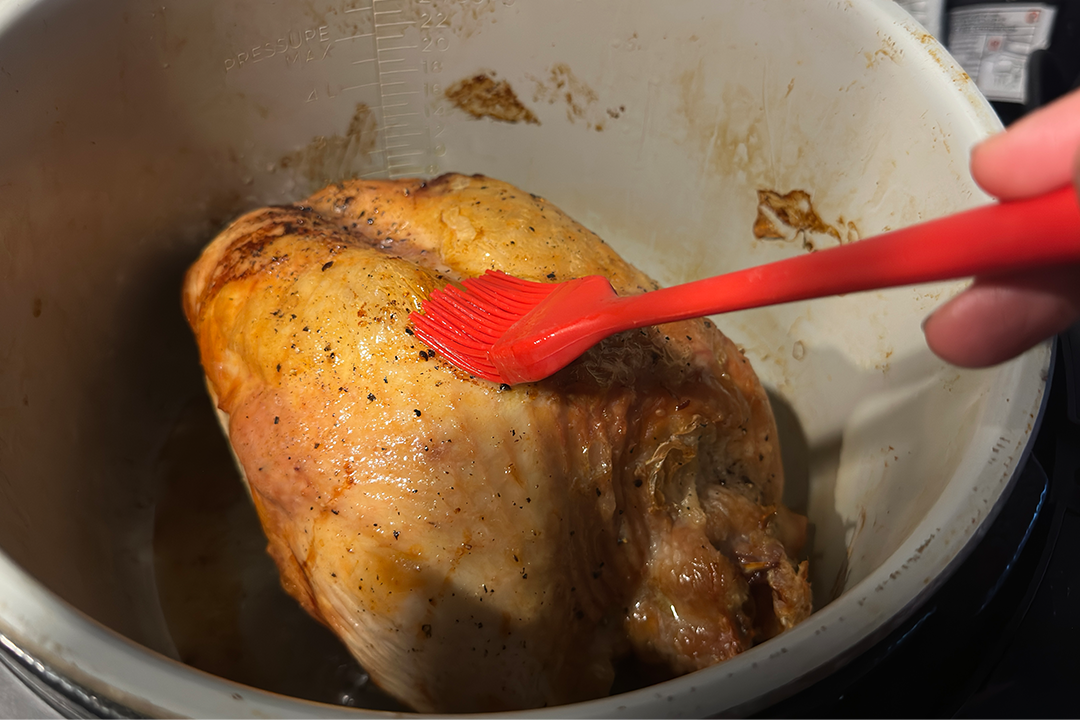 Basting the turkey helps to add flavour and ensures the meat stays moist