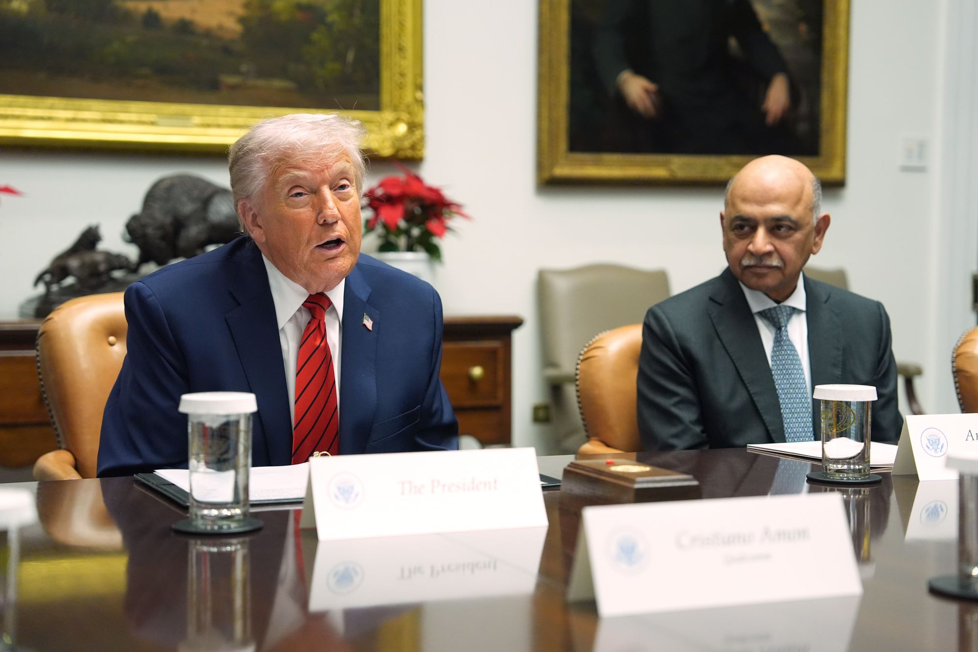 President Donald Trump speaks during a roundtable in the Roosevelt Room of the White House