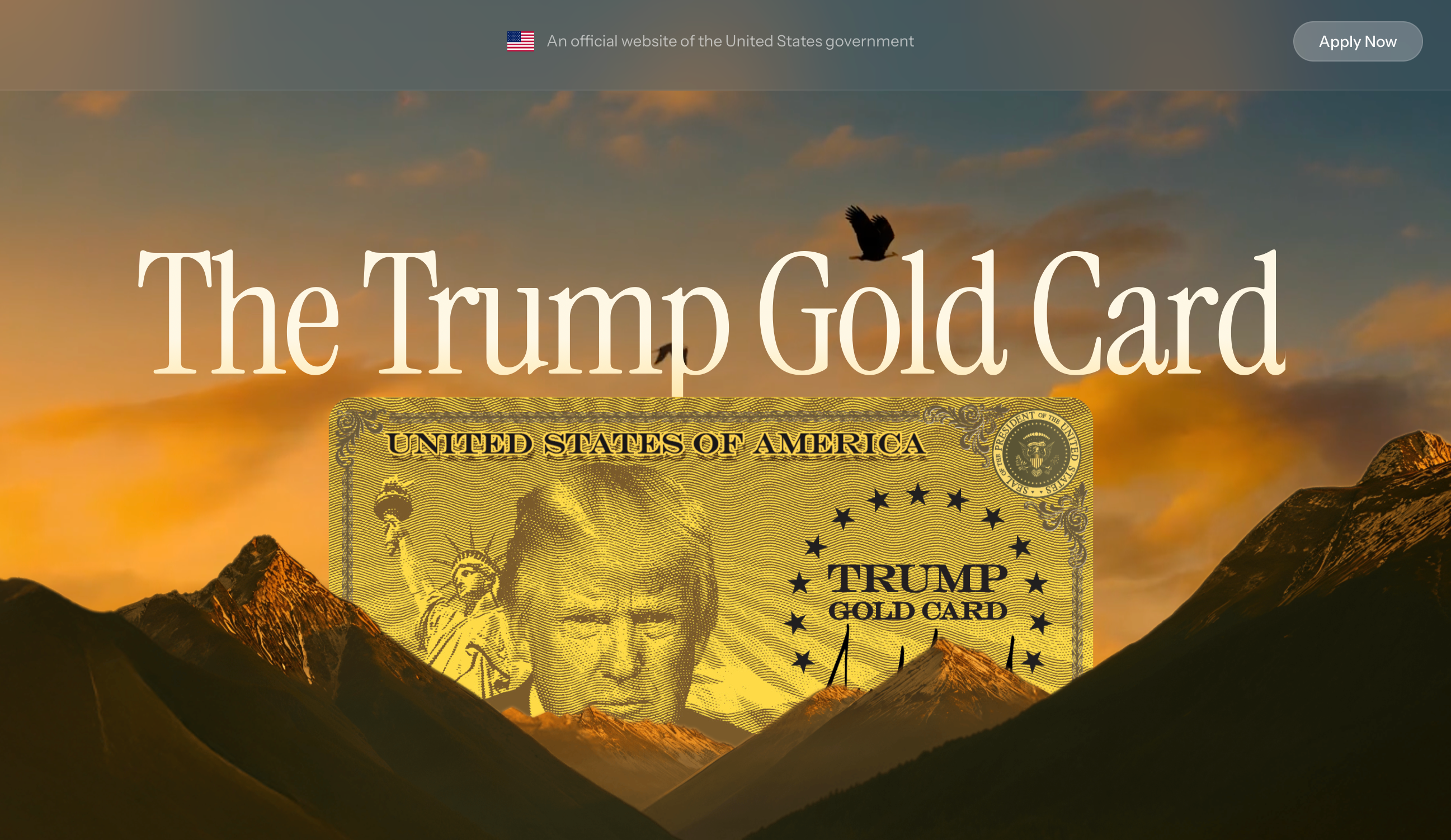 A facsimile of the Trump Gold Card — bearing his face — emerges on the website from behind a mountain range with bald eagles flying above. “America’s opportunities accelerated,” the website says. “Unmatched Opportunities Await.”