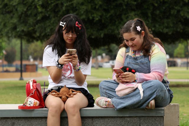 <p>Annie Wang, 14, and Ayris Tolson, 15, pose after an interview discussing Australia’s social media ban for users under 16, which is scheduled to take effect on December 10, in Sydney (REUTERS/Hollie Adams)</p>
