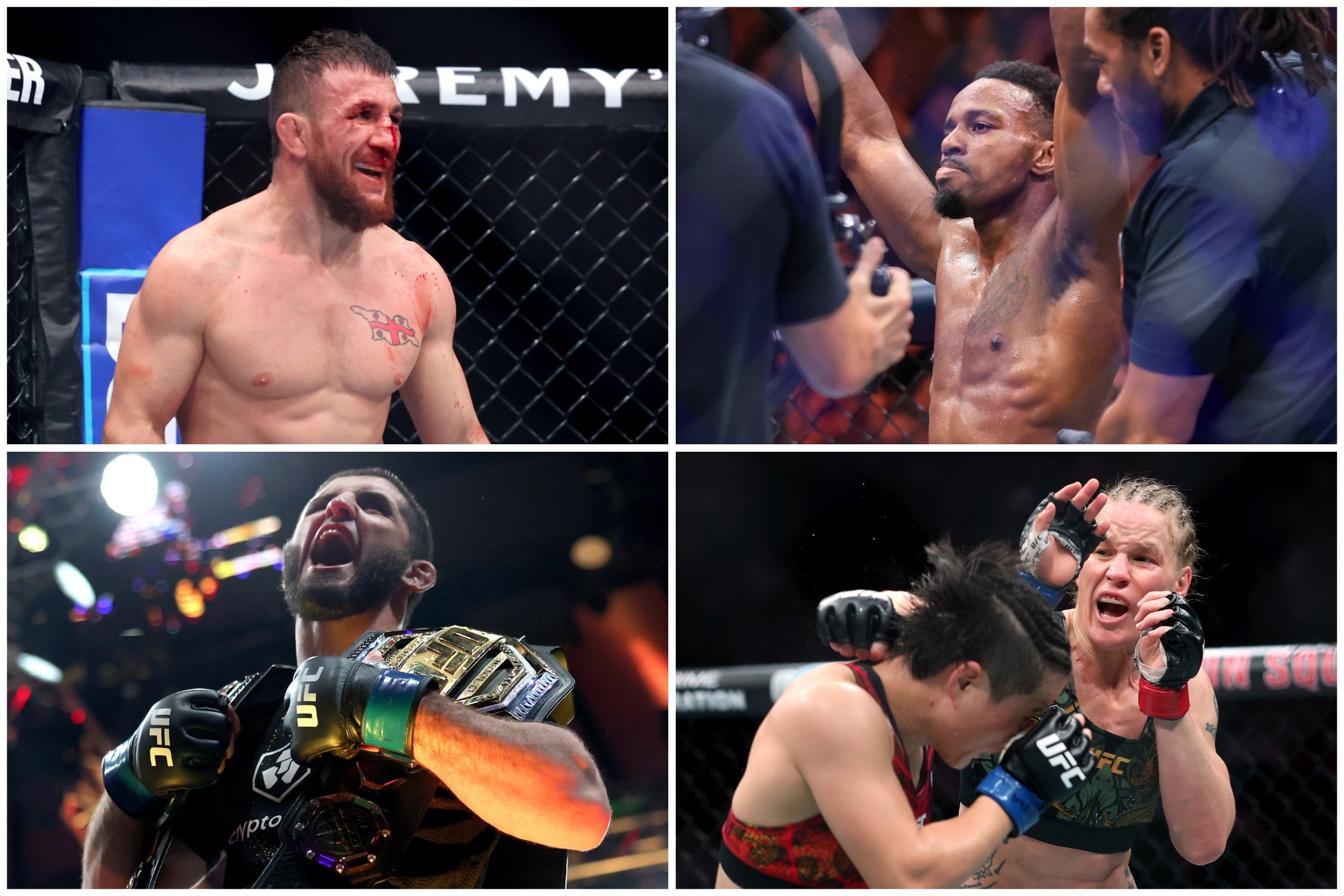 <p>Clockwise from top left: Merab Dvalishvili, Lerone Murphy, Shevchenko vs Zhang, Islam Makhachev</p>