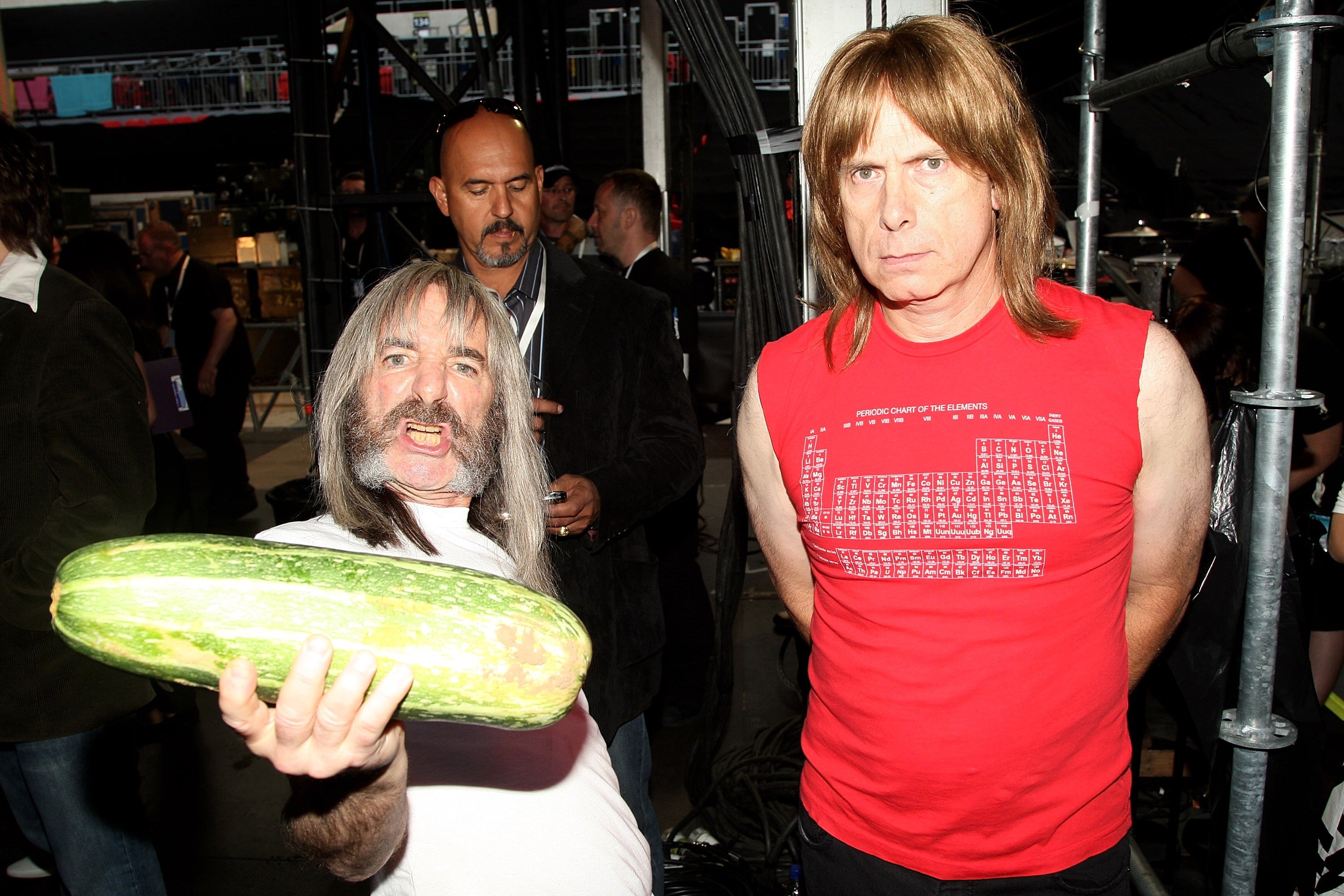 Spinal Tap's Harry Shearer and Christopher Guest at London’s Wembley Stadium in July 2007. With Eagles member Timothy B. Schmit providing backing vocals, the Tap offer up an unforgettable image of Christmas in the underworld