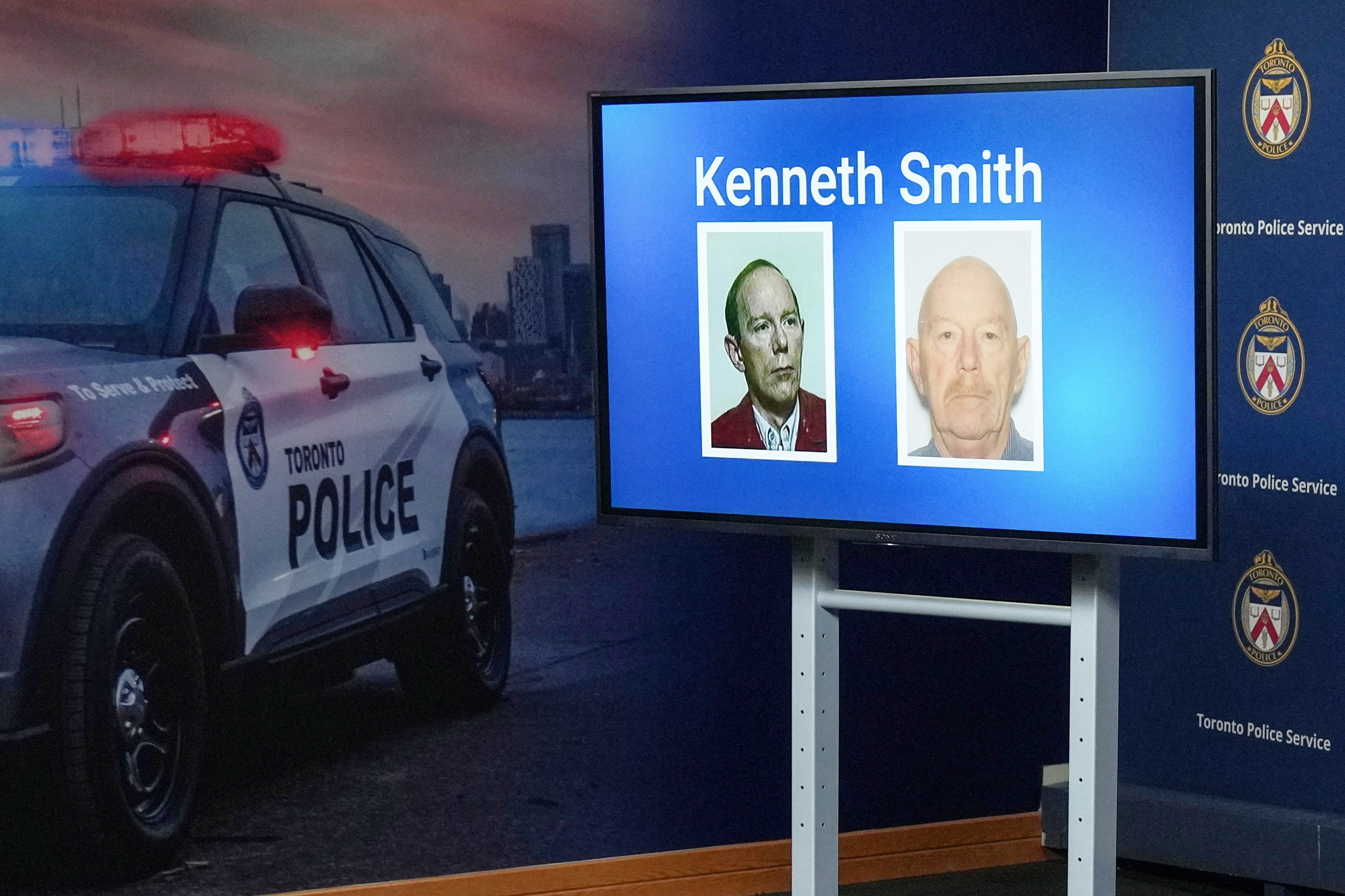Images of Kenneth Smith are displayed as police provide a development in three historical homicide investigations, Thursday, Dec. 11, 2025, during a news conference at police headquarters in Toronto. (Chris Young/The Canadian Press via AP)