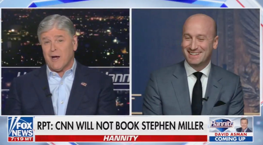 Stephen Miller joked about his supposed ban during an interview with Sean Hannity on Wednesday night