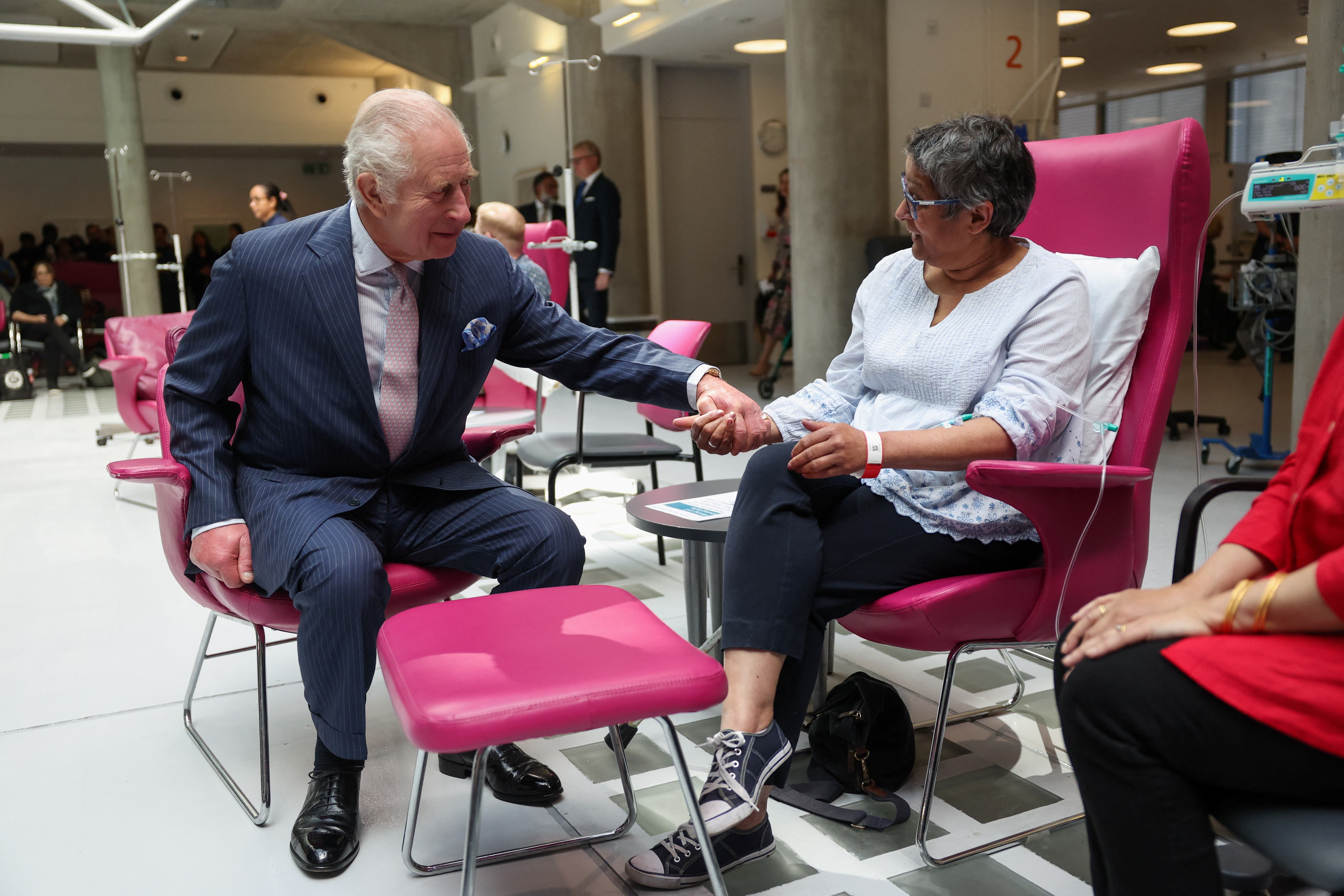 The King, patron of Cancer Research UK and Macmillan Cancer Support, meeting patients during a visit to University College Hospital Macmillan Cancer Centre in April 2024 (Suzanne Plunkett/PA)