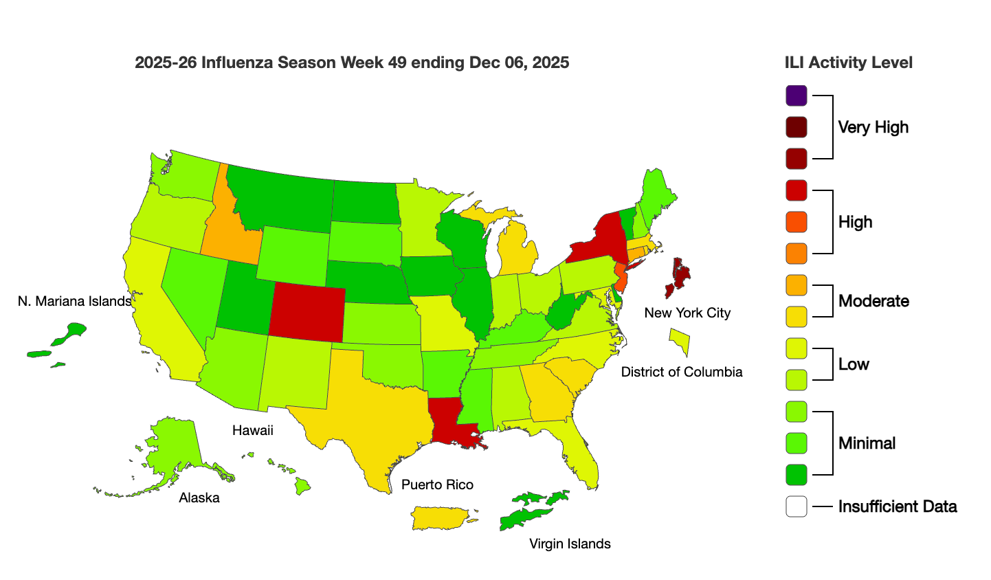 The CDC's map of flu activity by state as of December 6