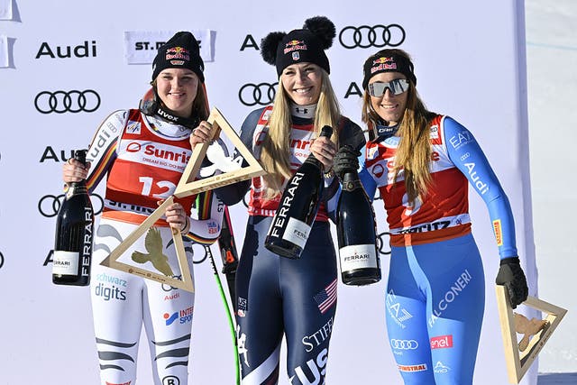 <p>Lindsey Vonn took silver behind Emma Aicher with Sofia Goggia winning bronze</p>