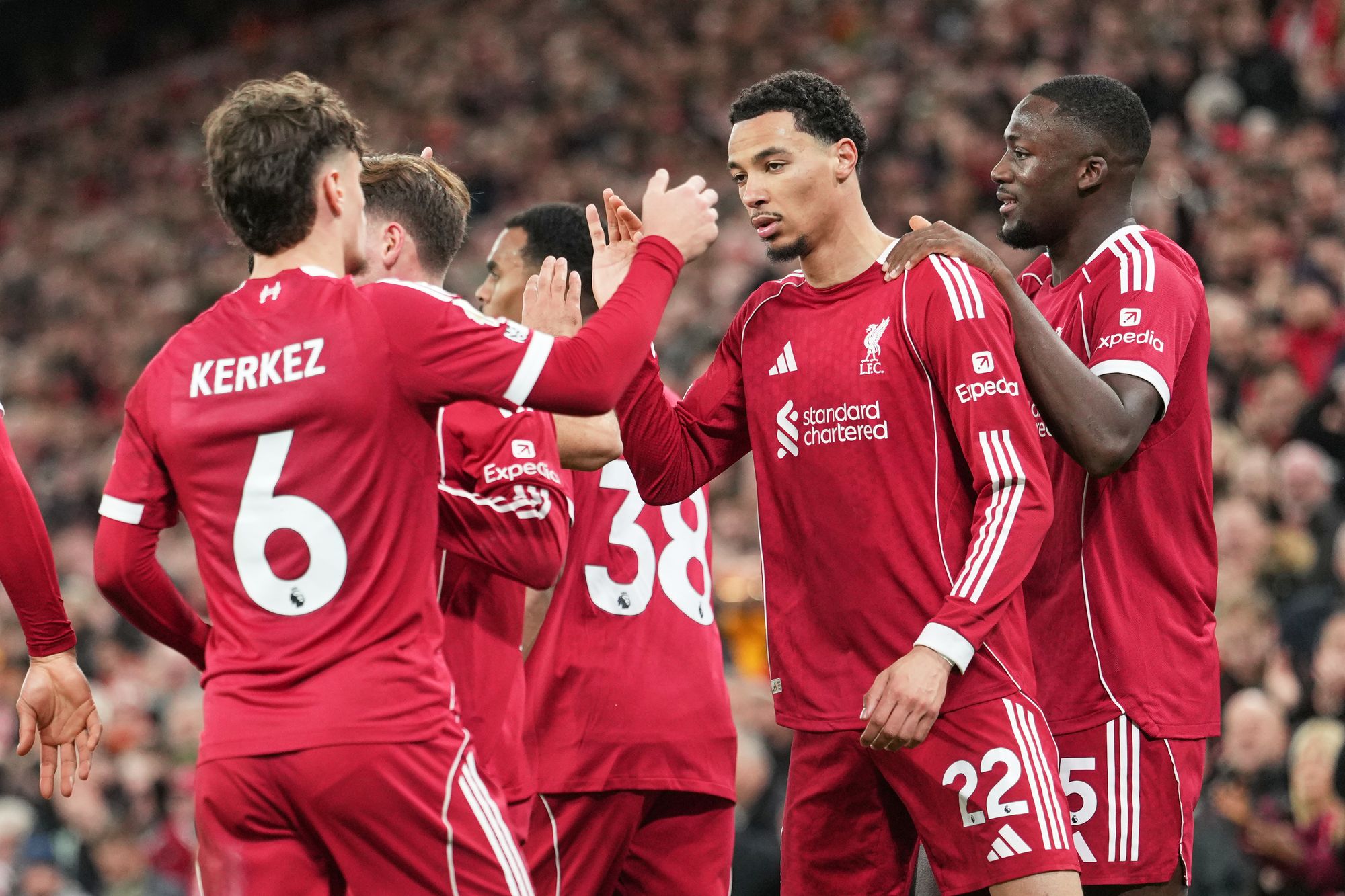 Ekitike is congratulated by his Liverpool teammates